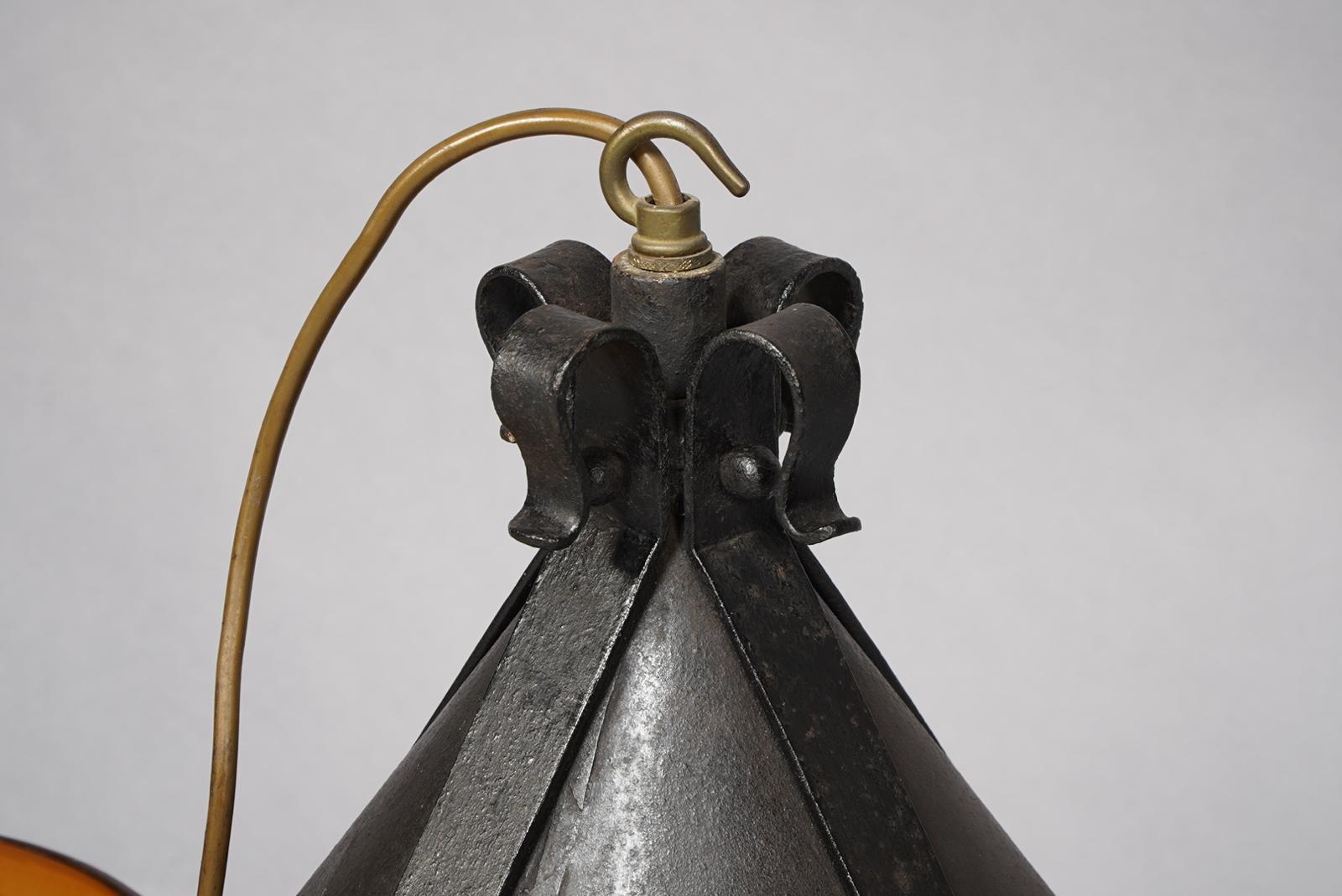 A Large Arts and Crafts Iron Lantern Retaining the Original Dappled Amber Shade. For Sale 3