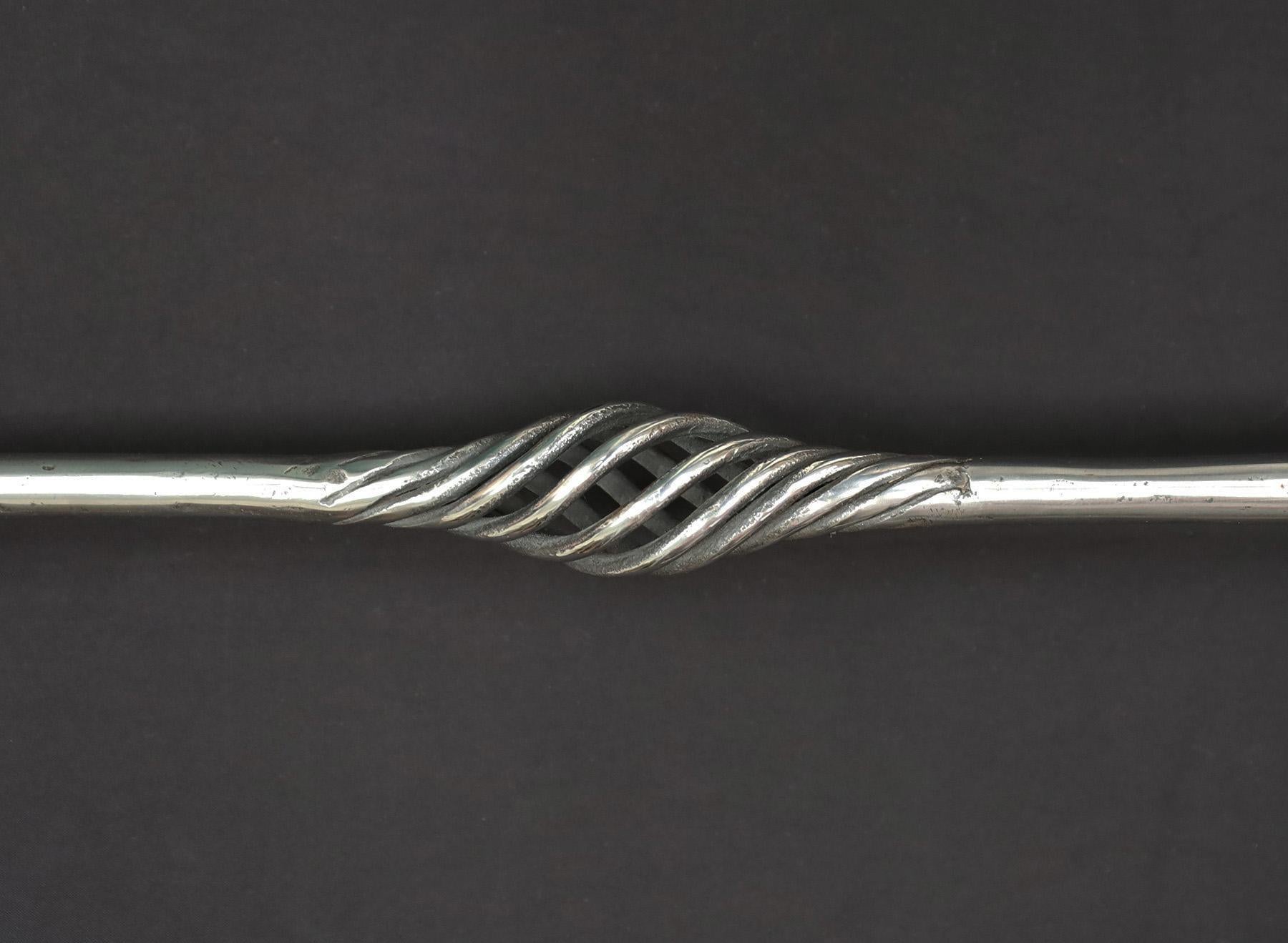 Polished Large Arts & Crafts Wrought-Iron Fireplace Log Fork For Sale