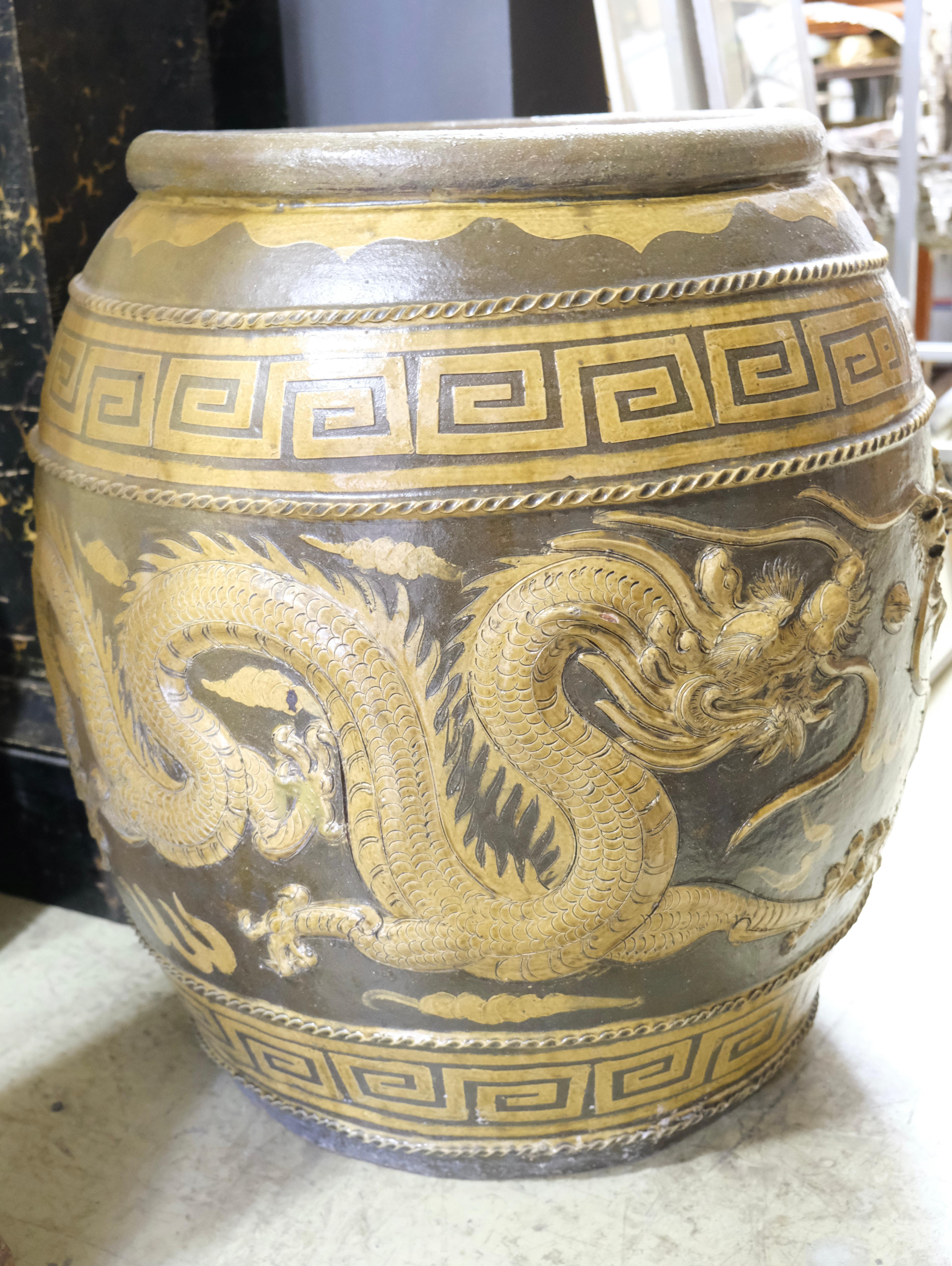 Ceramic Large Asian Glazed Urn with Motives of Dragons For Sale
