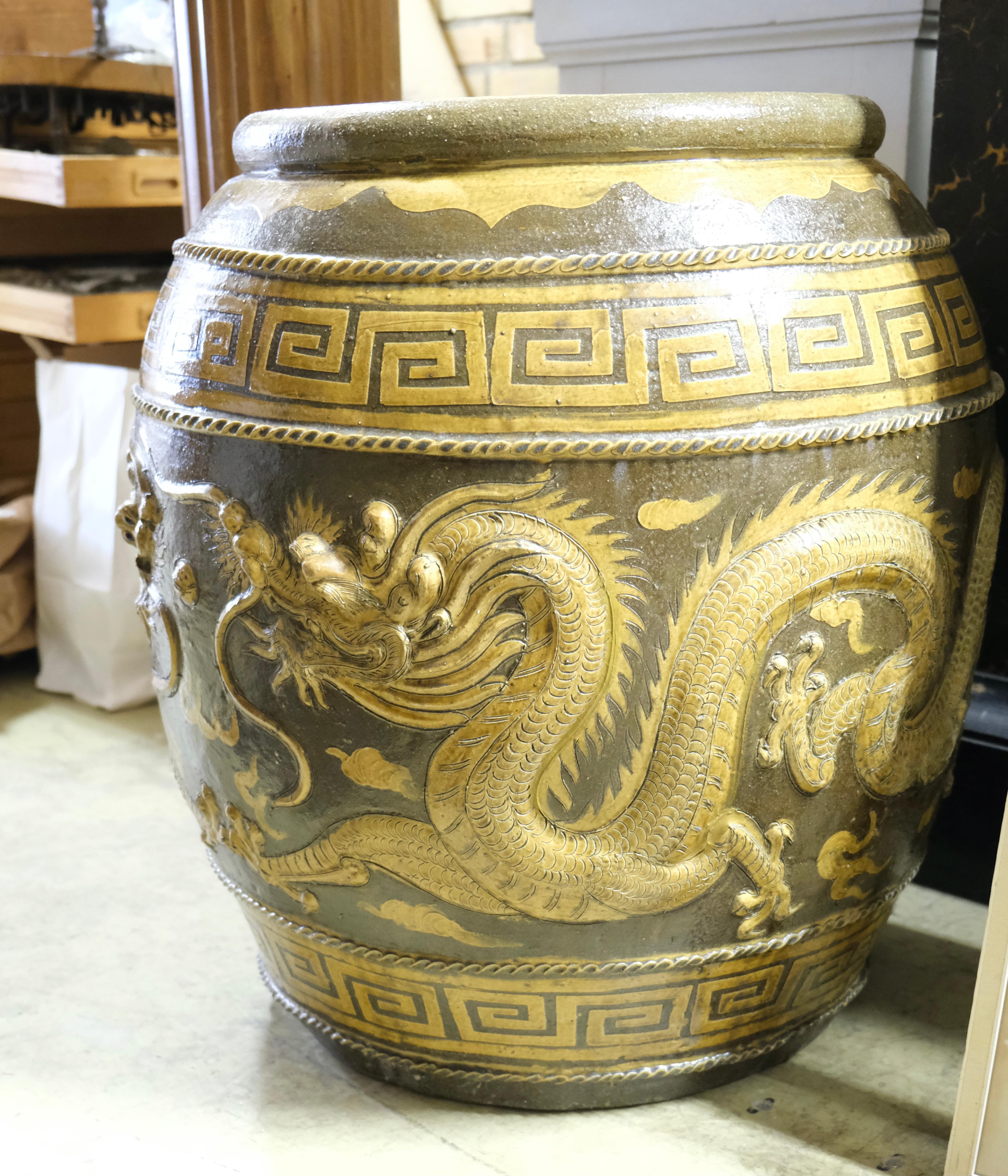 Large Asian Glazed Urn with Motives of Dragons For Sale 1