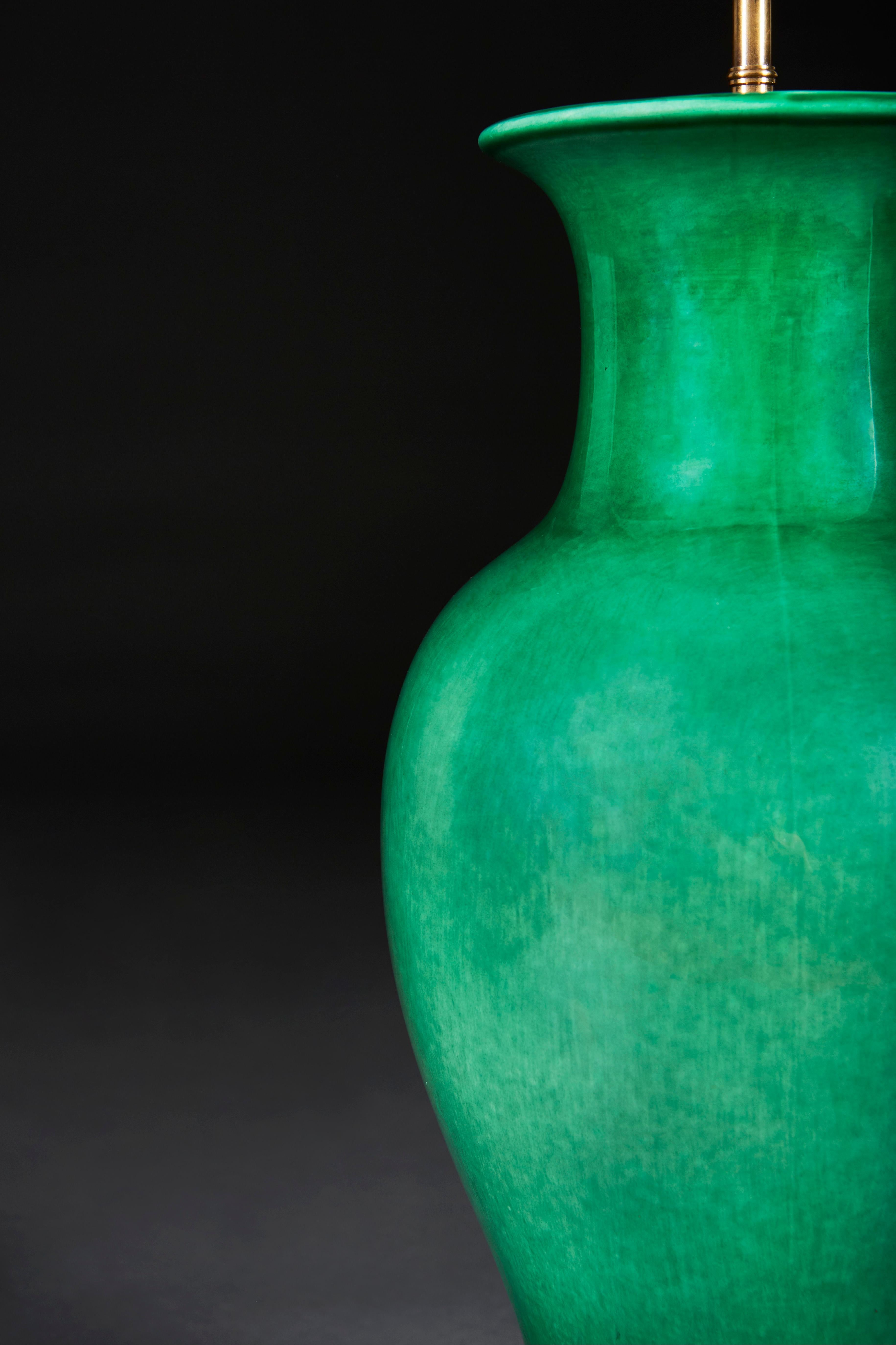 20th Century Large Baluster Vase with Apple Green Glaze as a Table Lamp, with Ebonized Base