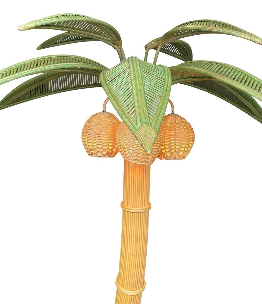 Large Bamboo Palm Tree Floor Lamp with Green Leaves and Coconut Lights For Sale 4