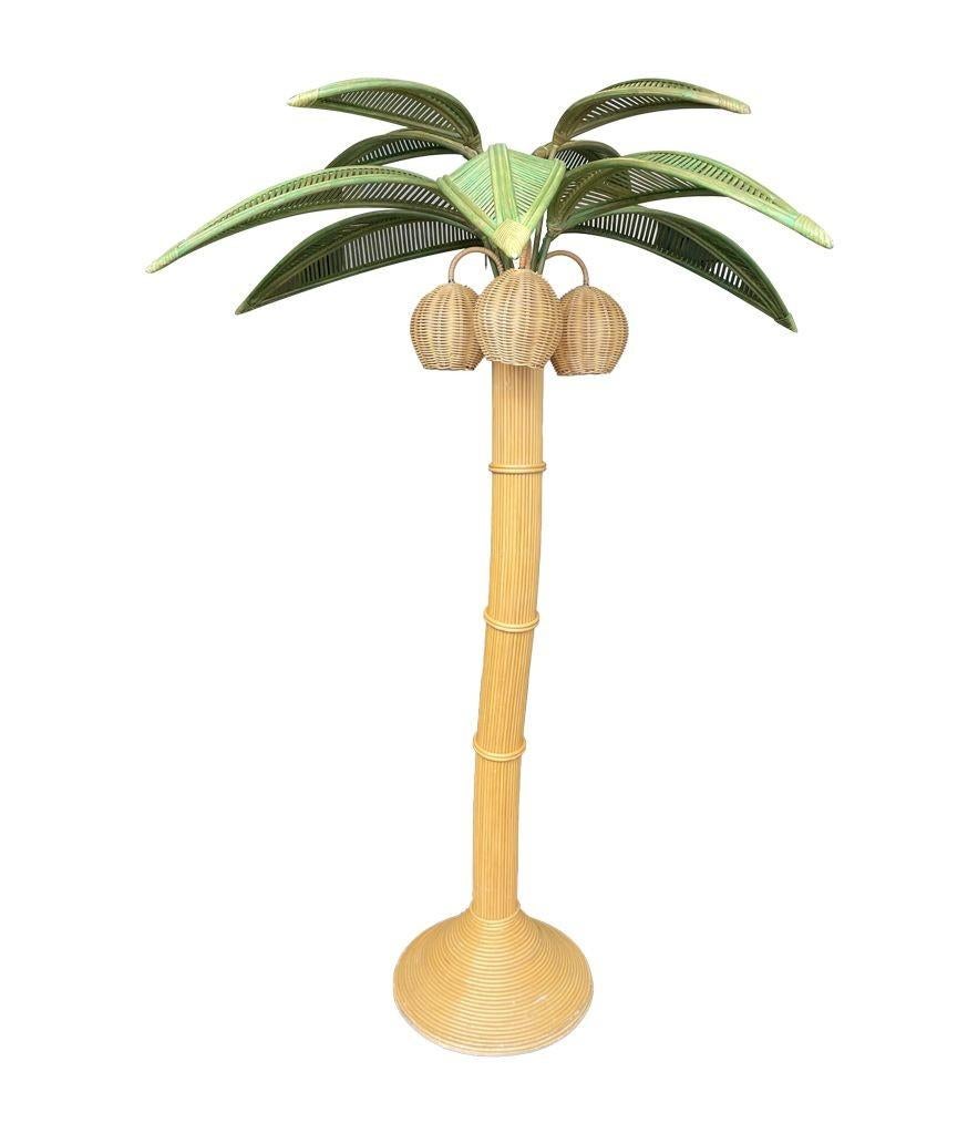Large Bamboo Palm Tree Floor Lamp with Green Leaves and Coconut Lights For Sale 8