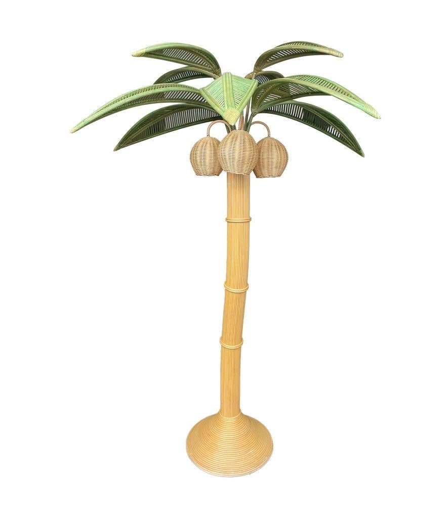 Large Bamboo Palm Tree Floor Lamp with Green Leaves and Coconut Lights For Sale 10