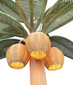 Large Bamboo Palm Tree Floor Lamp with Green Leaves and Coconut Lights