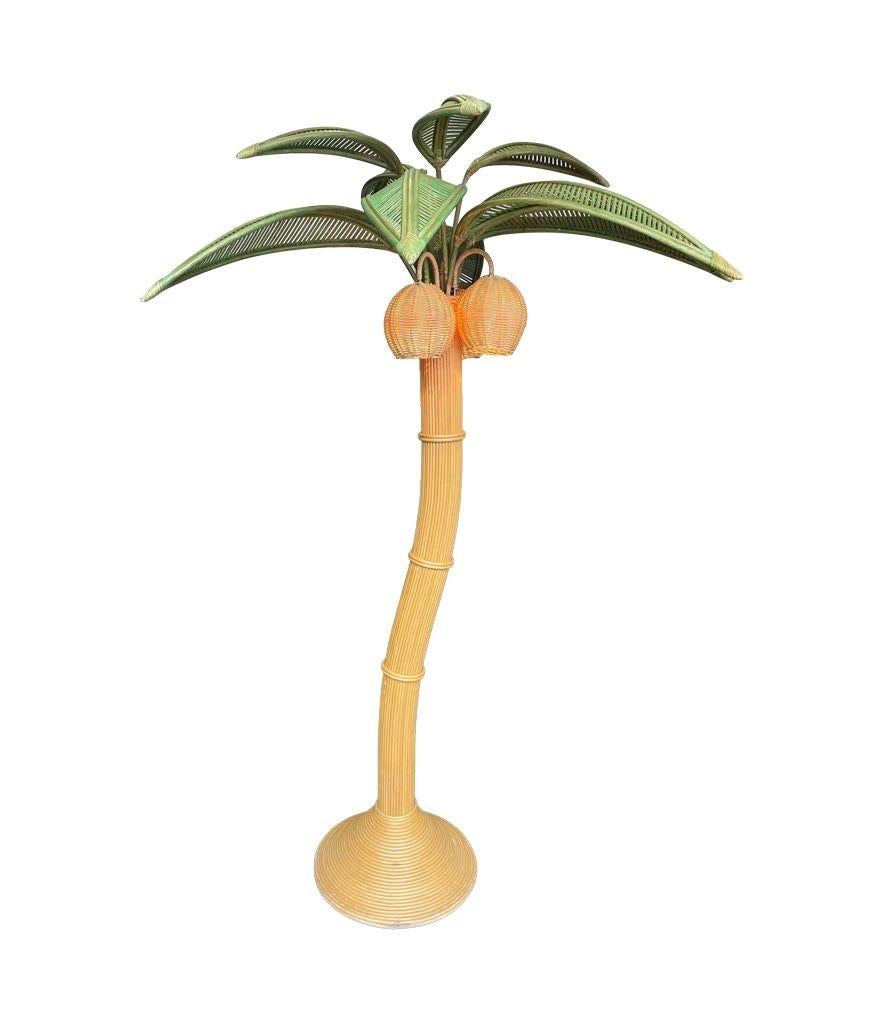 Mid-Century Modern Large Bamboo Palm Tree Floor Lamp with Green Leaves and Coconut Lights For Sale