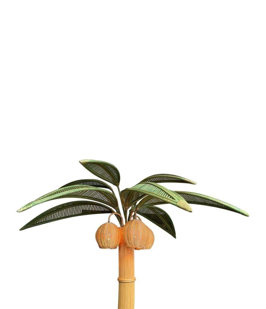 Large Bamboo Palm Tree Floor Lamp with Green Leaves and Coconut Lights In Good Condition For Sale In London, GB