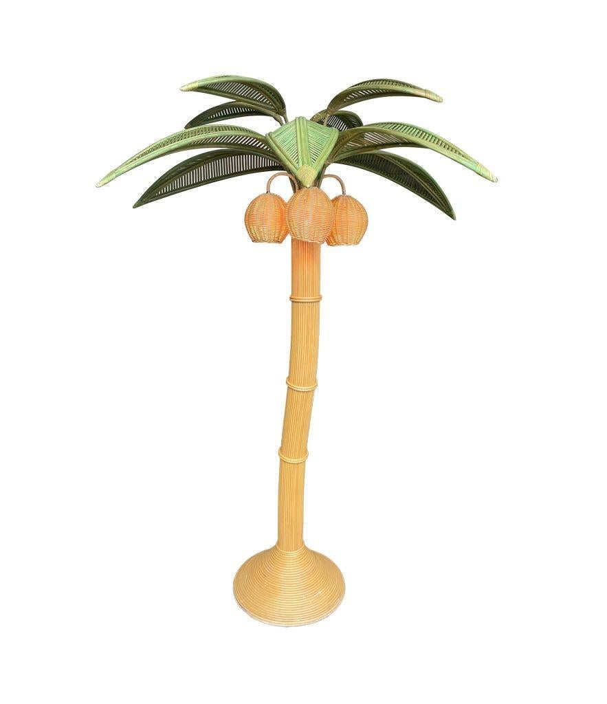 Mid-Century Modern Large Bamboo Palm Tree Floor Lamp with Green Leaves and Coconut Lights