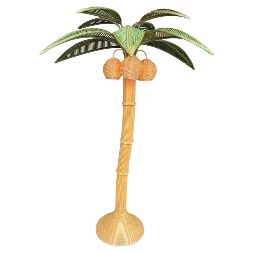 Large Bamboo Palm Tree Floor Lamp with Green Leaves and Coconut Lights For Sale