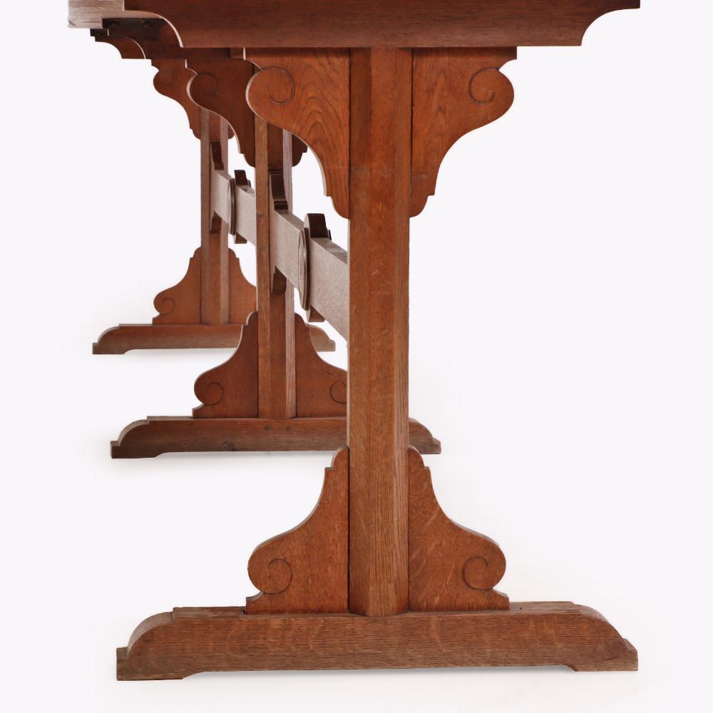 From a monastery, this striking and monumental trestle / console table, combines the traditional with elegant airy lines. 

Whether used as a dining table, or placed in an entryway, behind a sofa, or in a library, this 19th century table delivers
