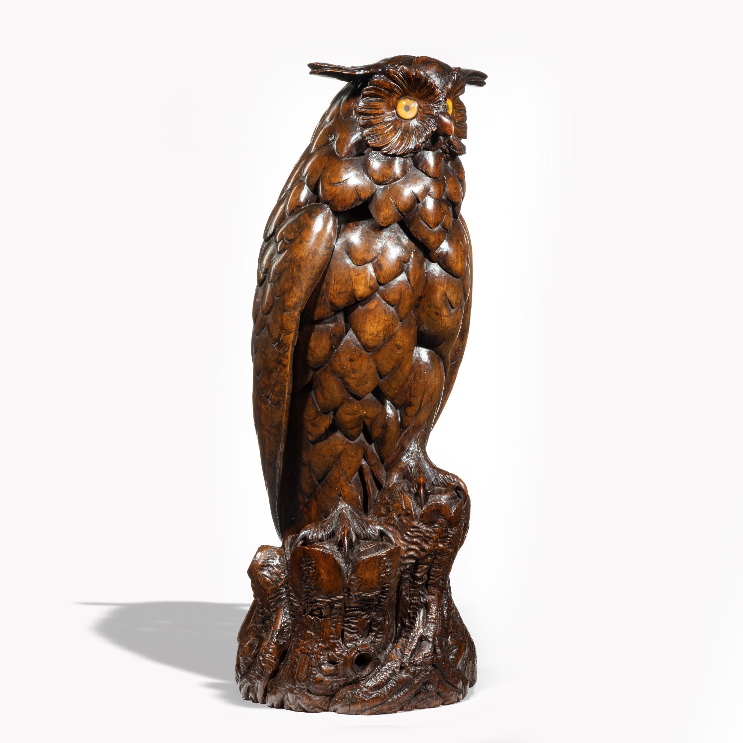 Swiss Large Black Forest Lindenwood Eagle Owl Attributed to the Ruef Brothers