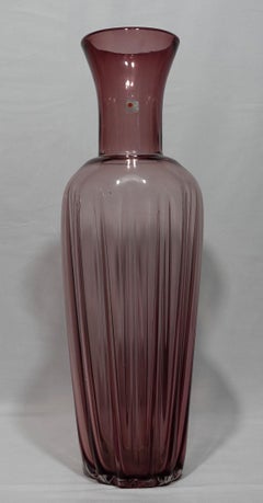 A Large Blenko Handblown Tall Purple Ribbed Glass Vase 1970