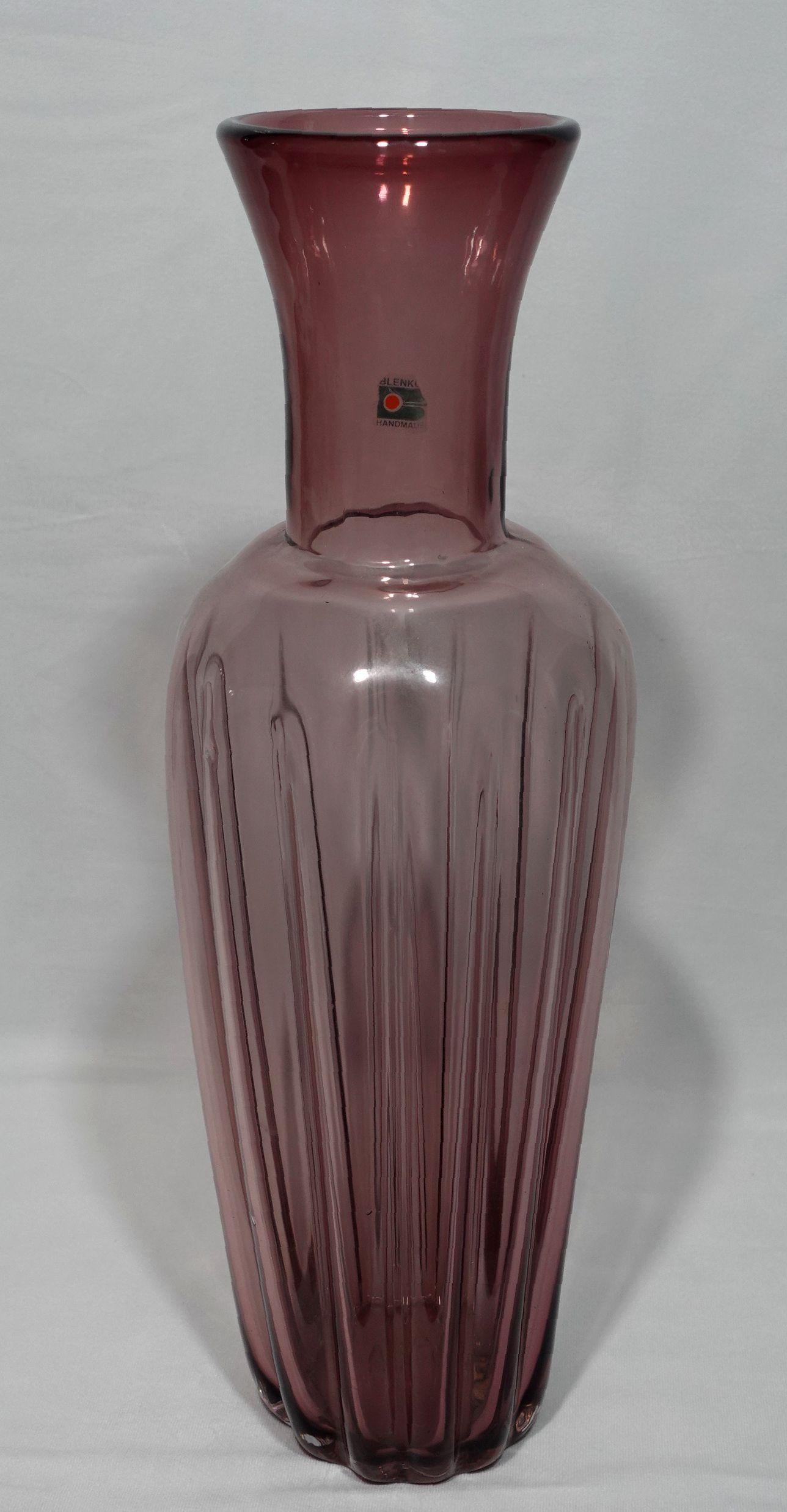 American A Large Blenko Handblown Tall Purple Ribbed Glass Vase 1970 For Sale