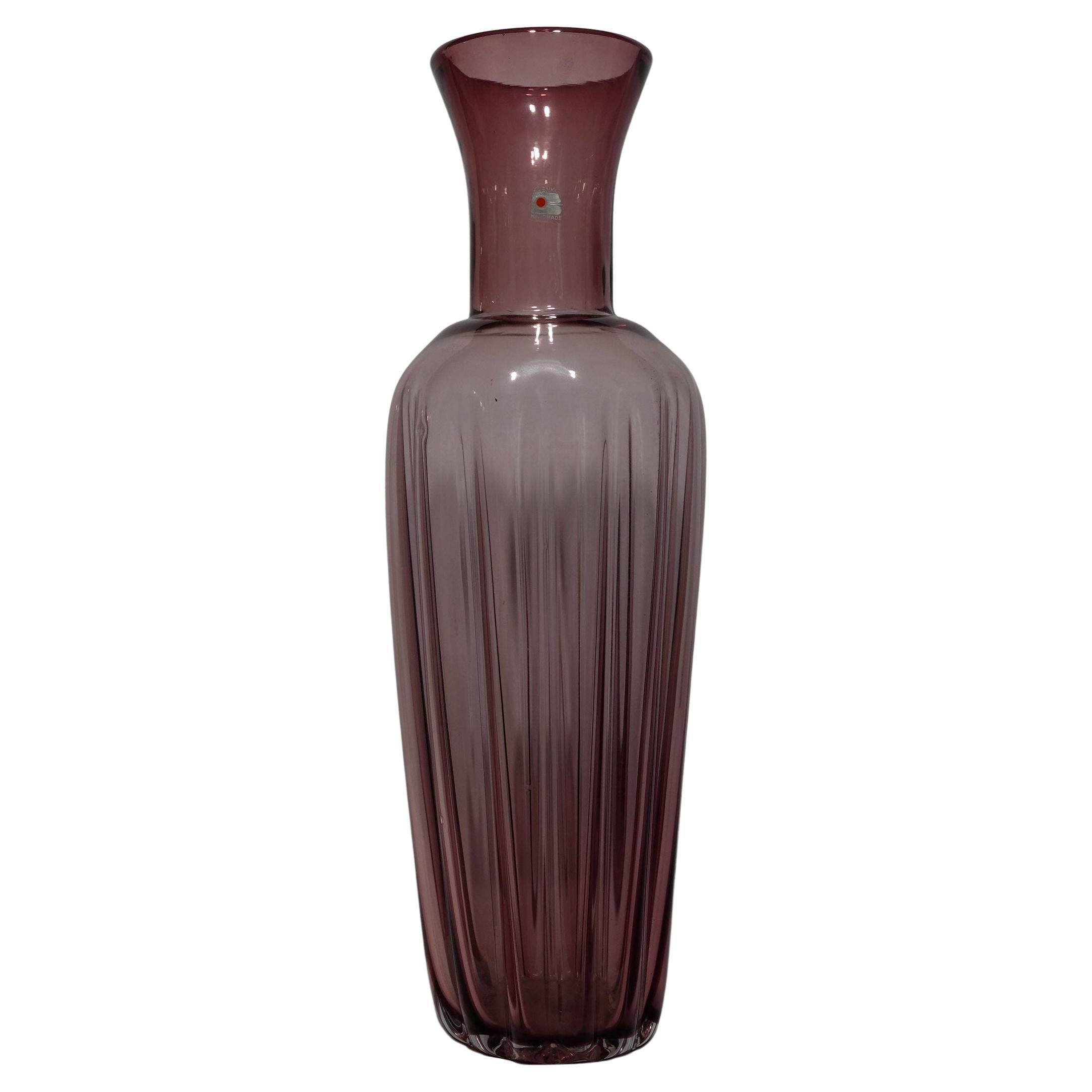 A Large Blenko Handblown Tall Purple Ribbed Glass Vase 1970 For Sale