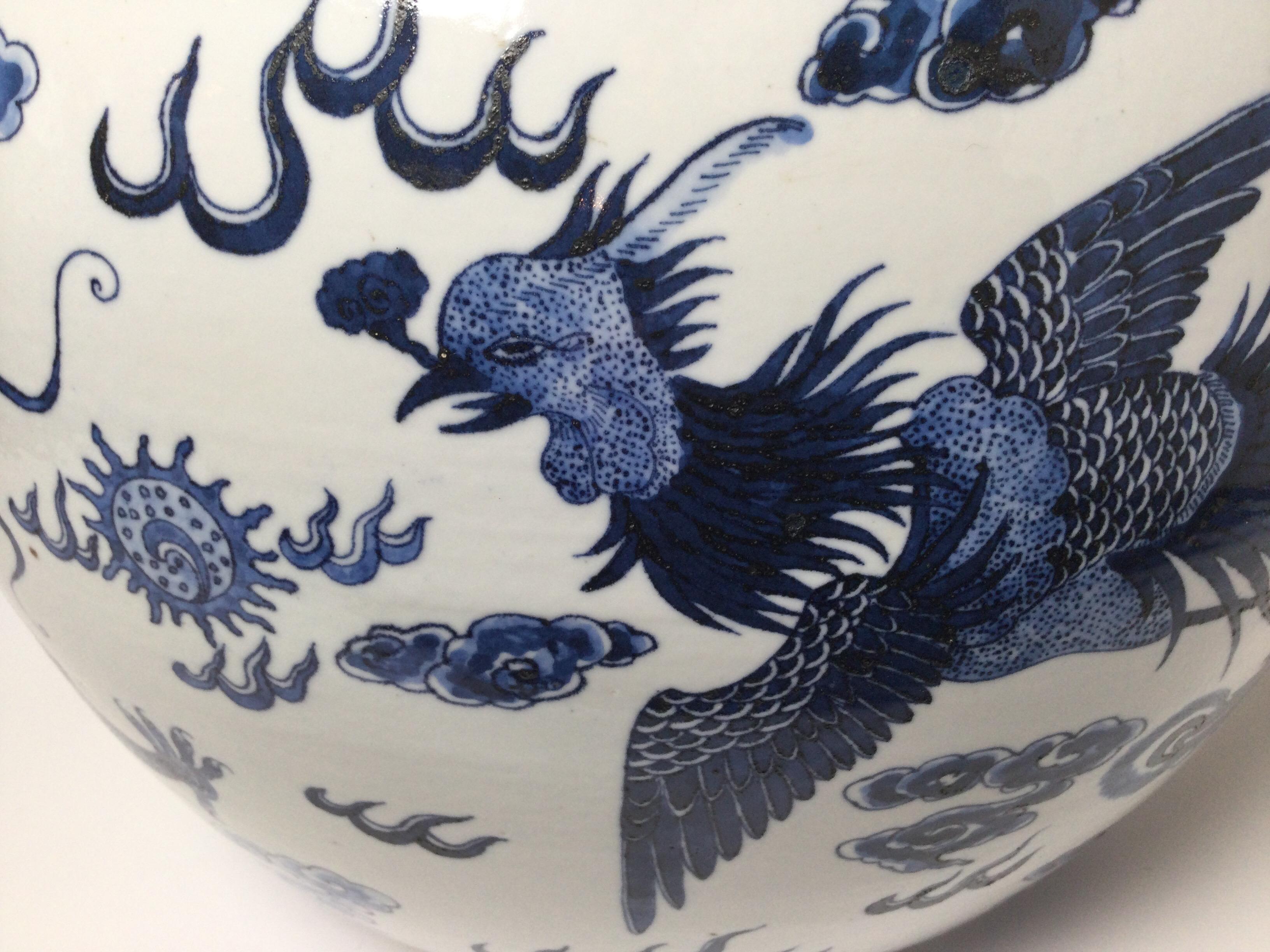 Chinese Export Large Blue and White Jardinière Planter with Dragon and Phoenix Bird For Sale