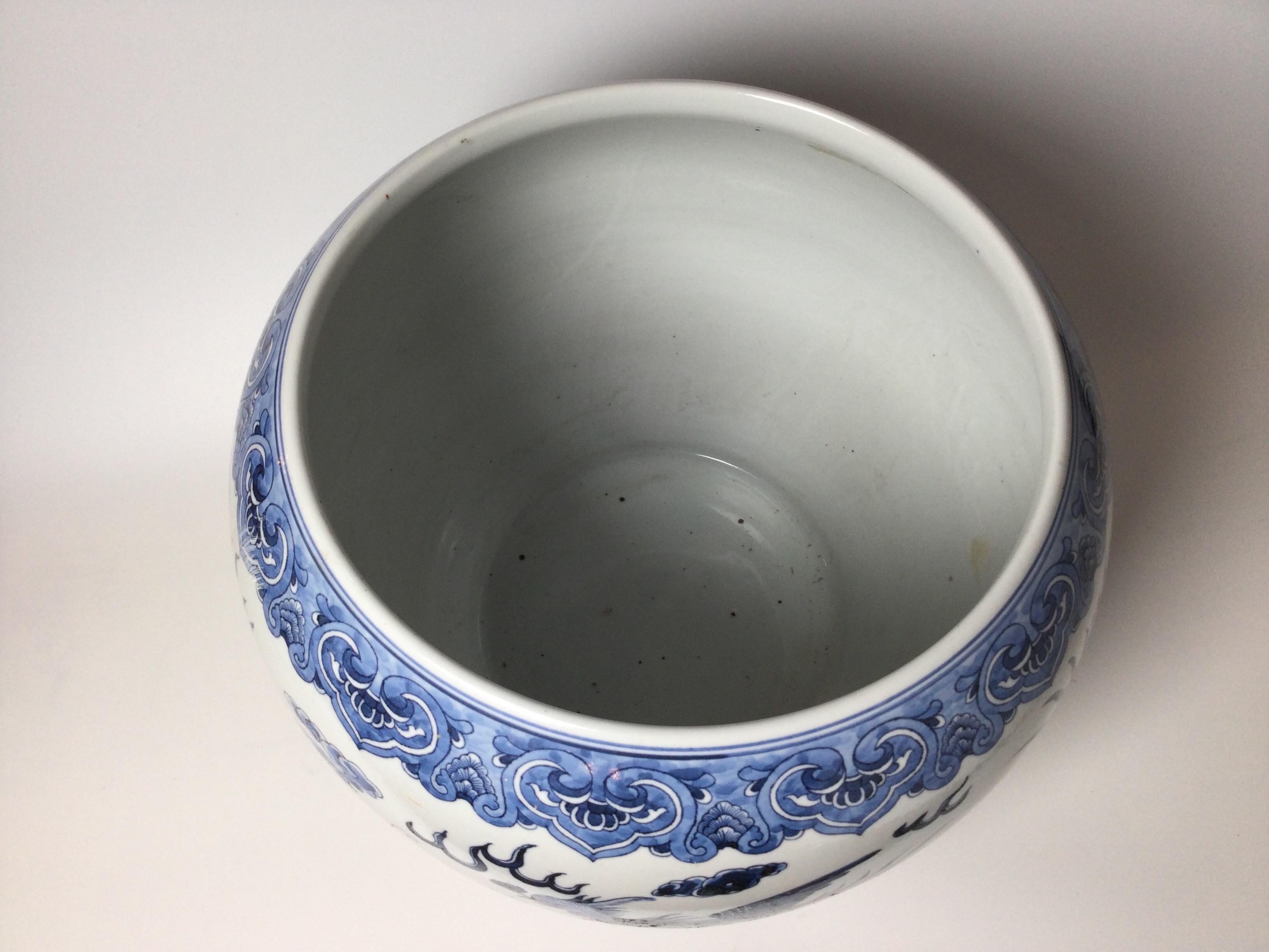 Chinese Large Blue and White Jardinière Planter with Dragon and Phoenix Bird For Sale