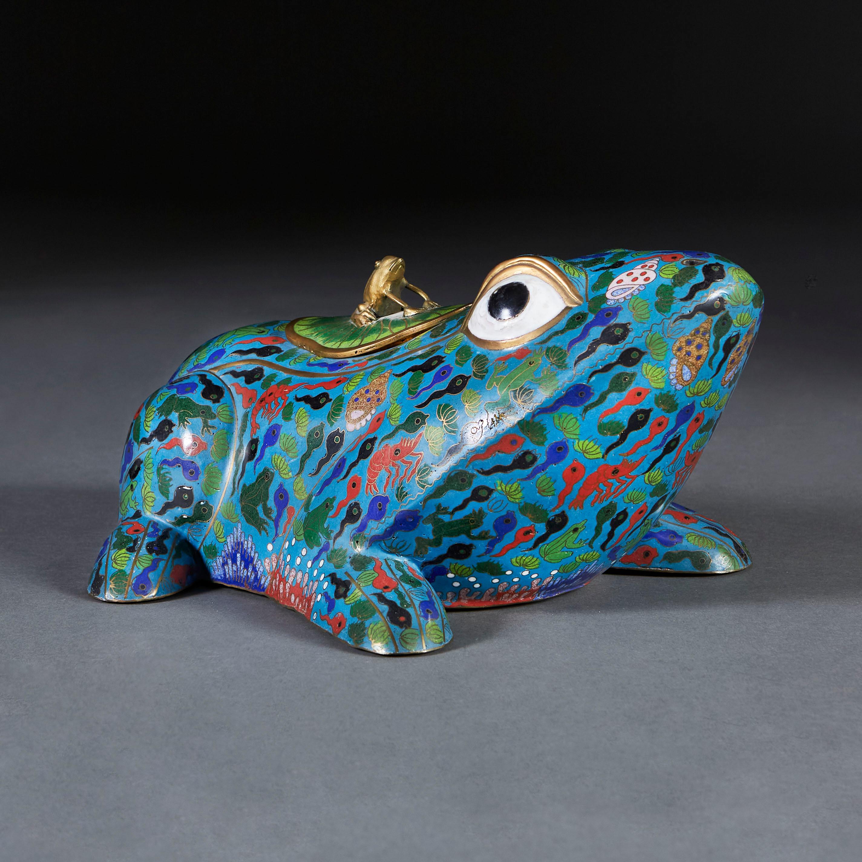 20th Century Large Blue Cloisonné Frog Vessel