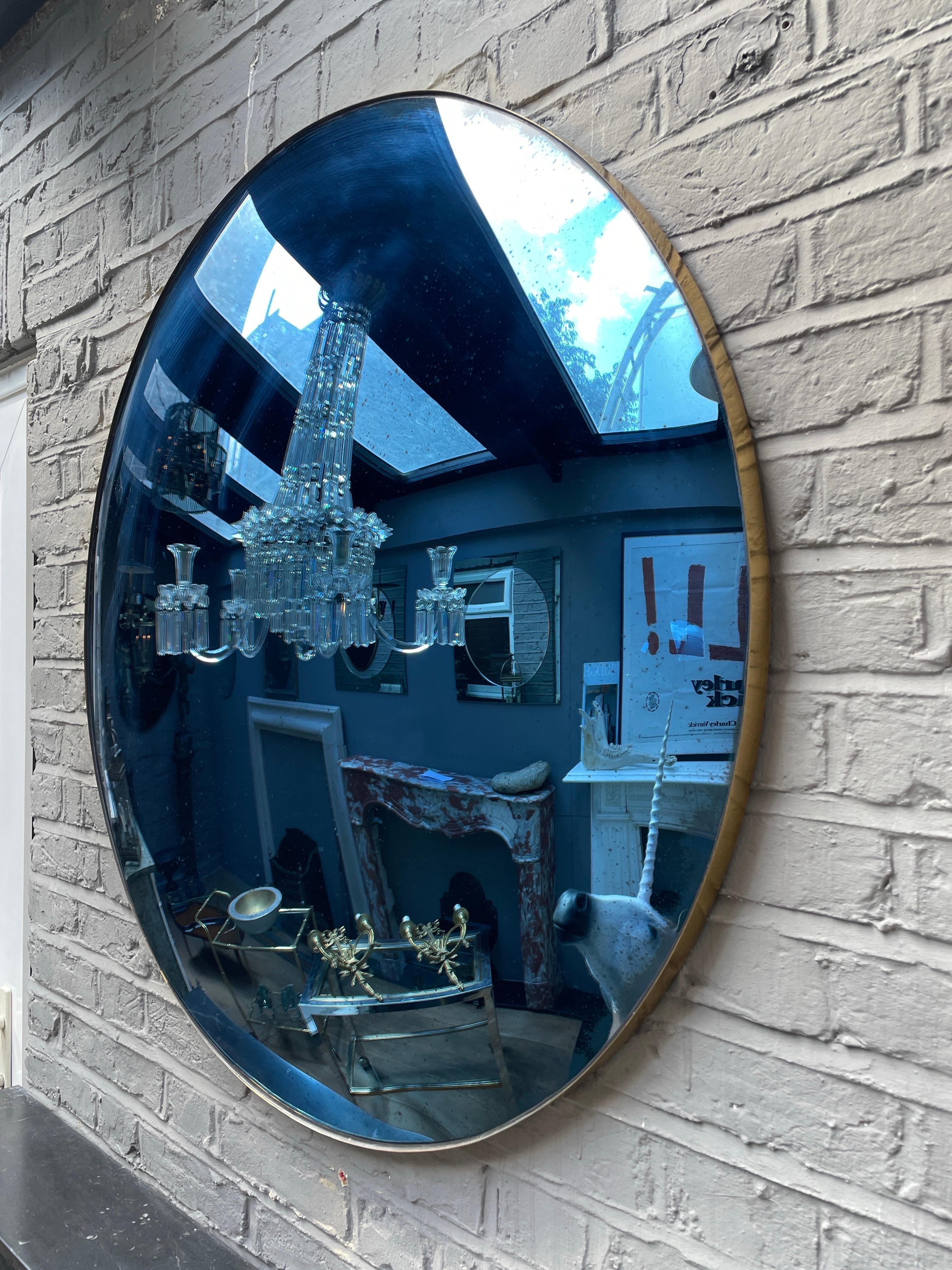 Modern A Large Blue Convex Mirror with distressed finish For Sale