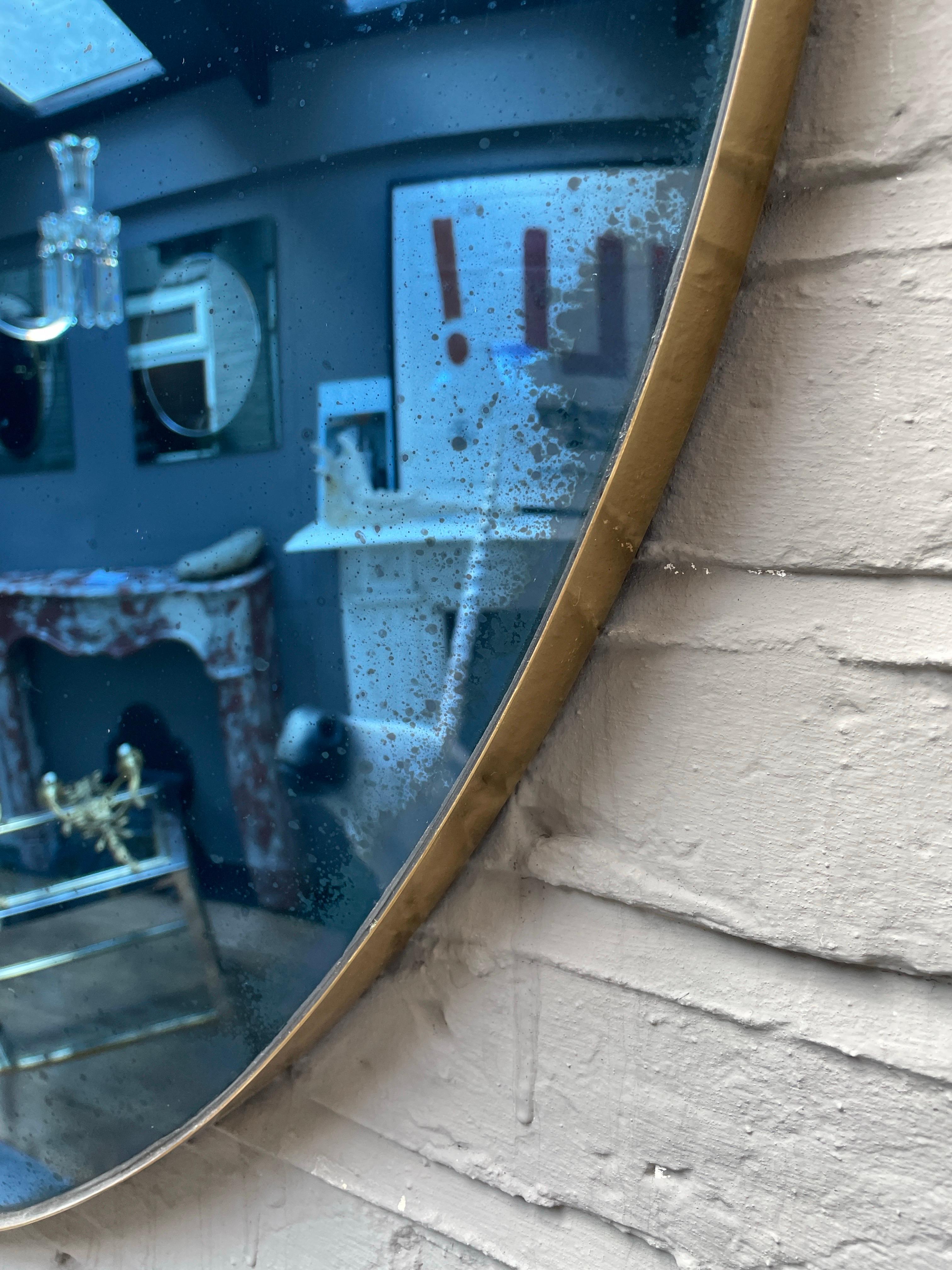 European A Large Blue Convex Mirror with distressed finish For Sale
