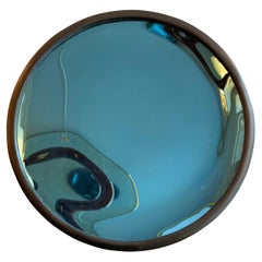 Large Blue Glass Concave Mirror in Ebonised Frame 