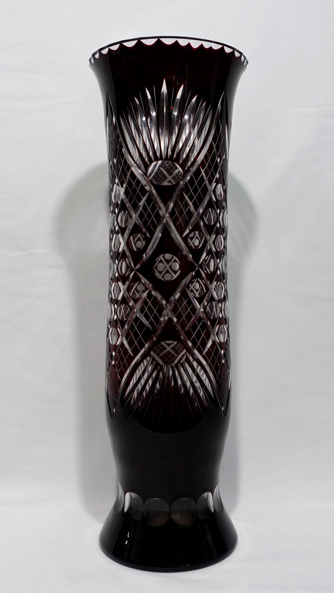 Hand-Crafted A Large Bohemian Style Ruby cut to clear Vase For Sale
