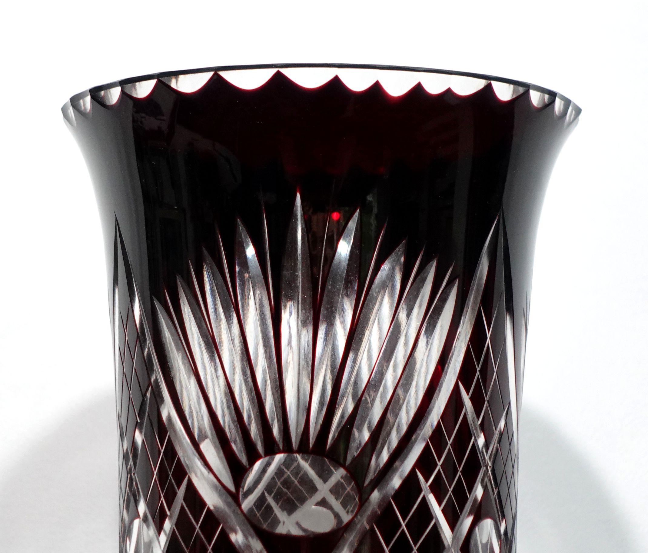 A Large Bohemian Style Ruby cut to clear Vase In Excellent Condition For Sale In Norton, MA
