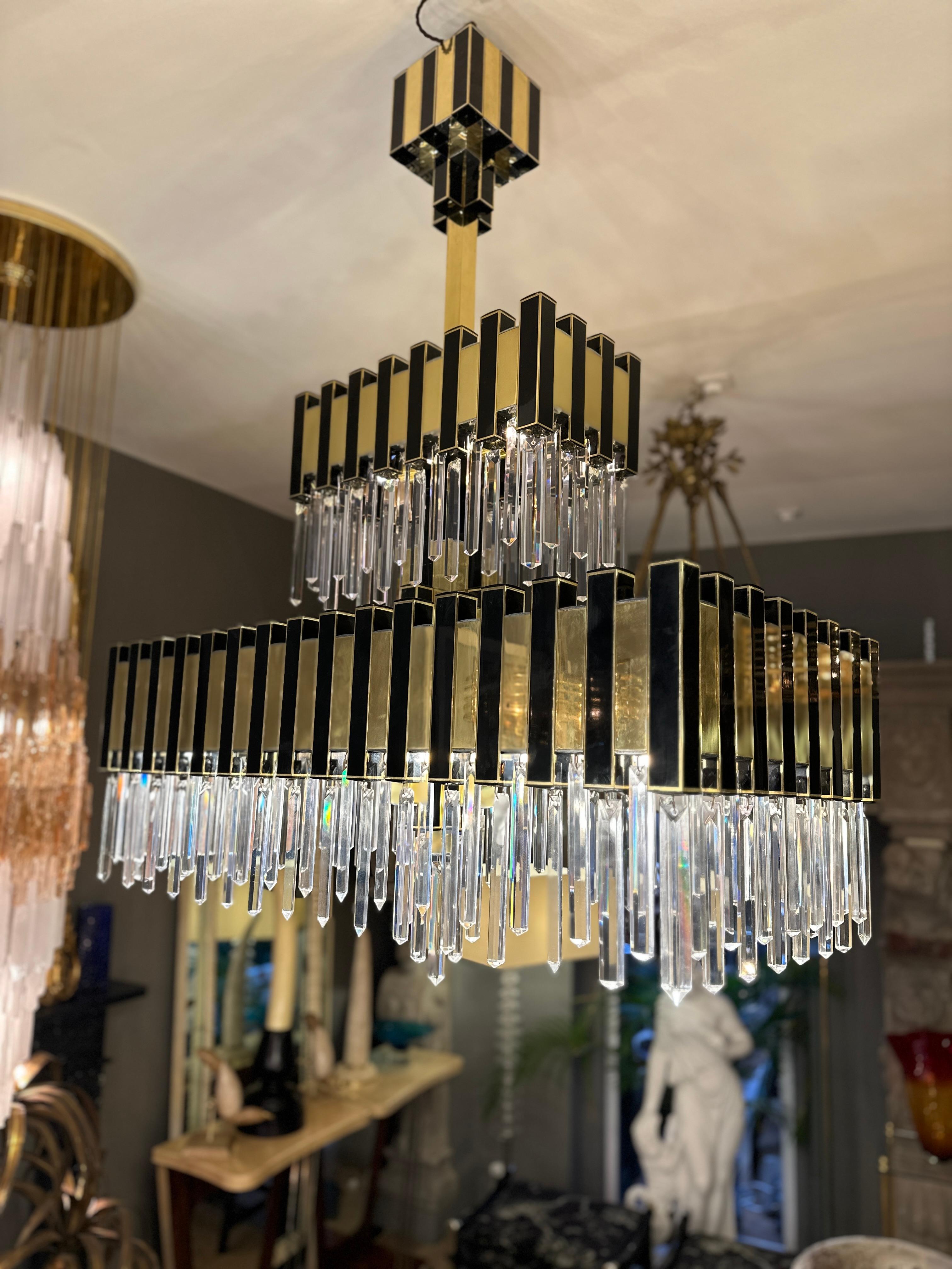 A large Brass and Crystal Chandelier By Willy Rizzo For BD Lumica  For Sale 6