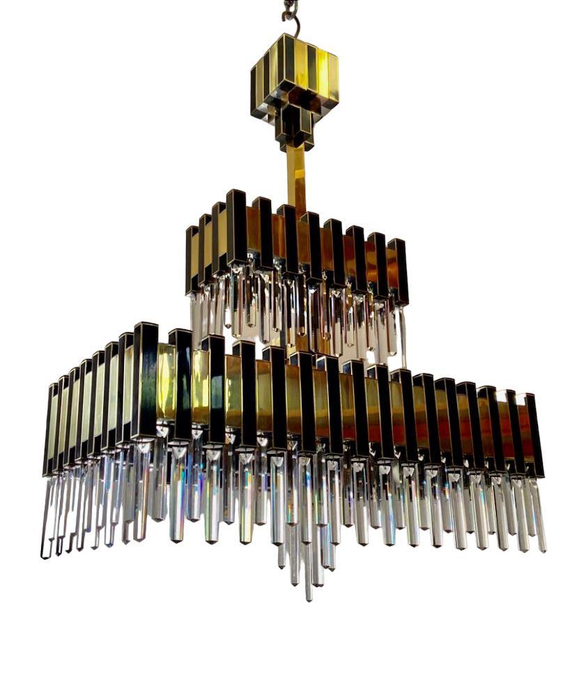 A very large and impressive brass Chandelier with black accents and original crystal drop pieces, By BD lumica Barcelona, this model is called the Dona Sofia. Catalogue images in slider and available for reference.