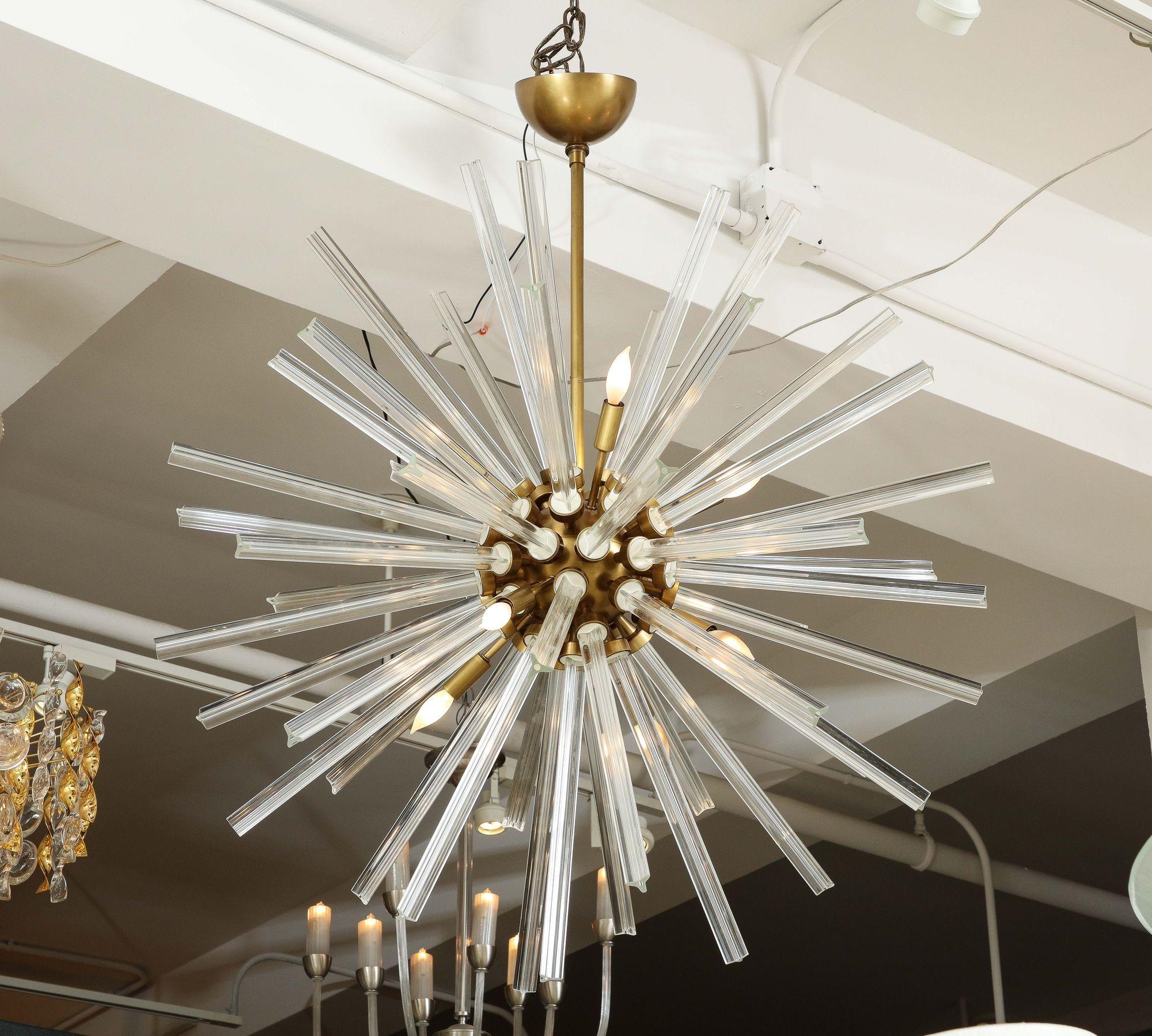 Large Crystal Sputnik Chandelier With Multi Length Rods and Brass Fittings For Sale 4