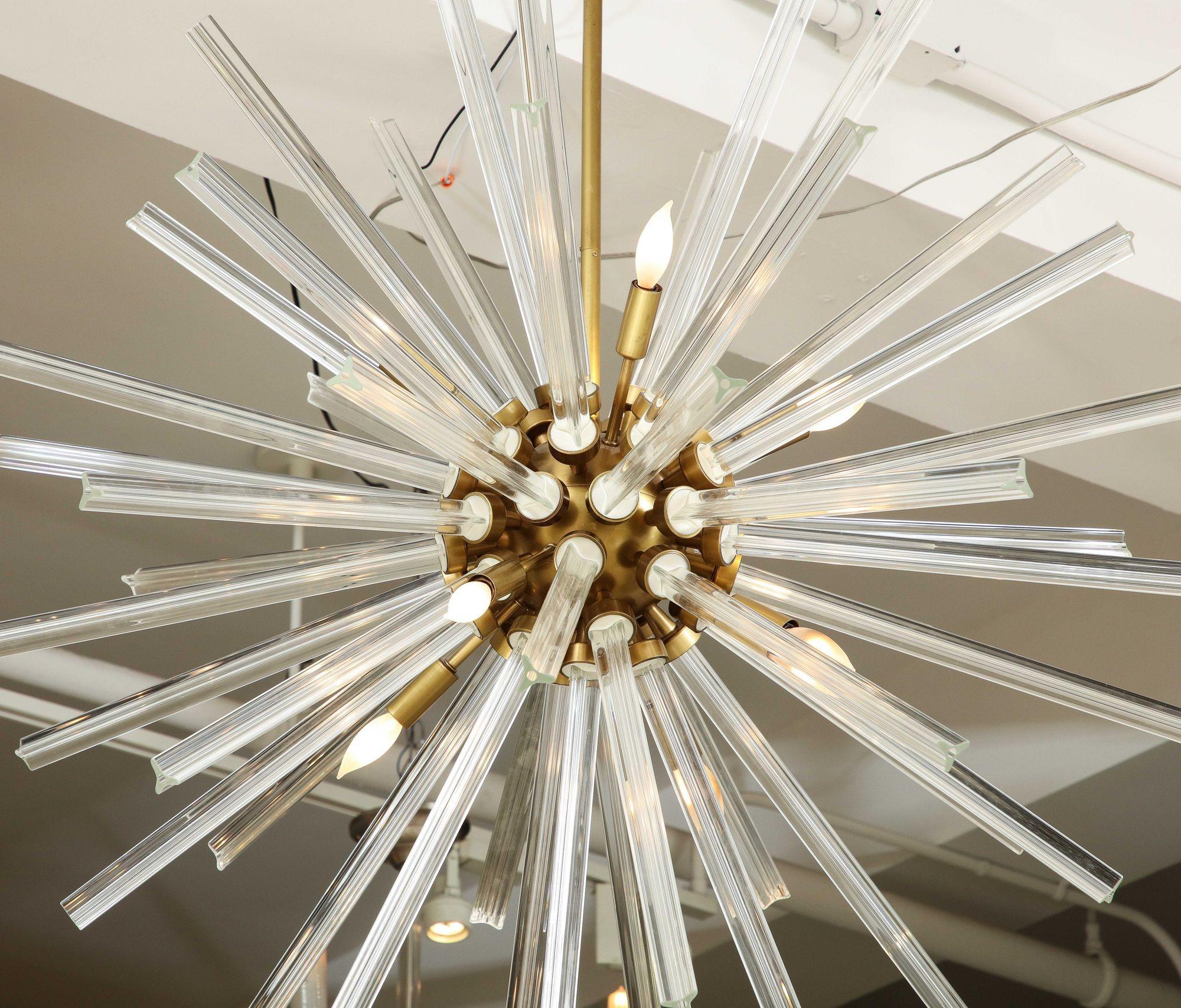 Large Crystal Sputnik Chandelier With Multi Length Rods and Brass Fittings For Sale 5
