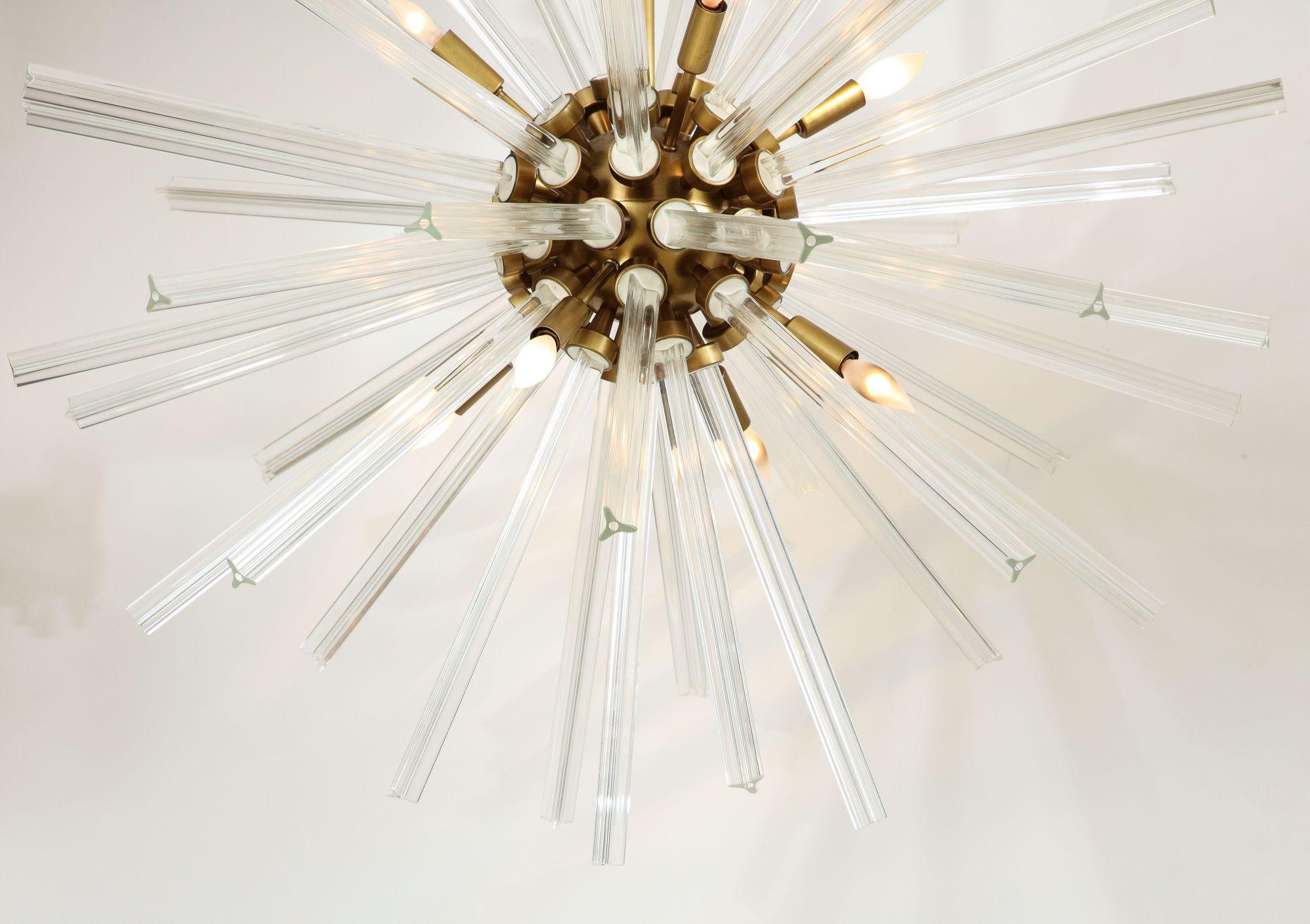 Mid-Century Modern Large Crystal Sputnik Chandelier With Multi Length Rods and Brass Fittings For Sale