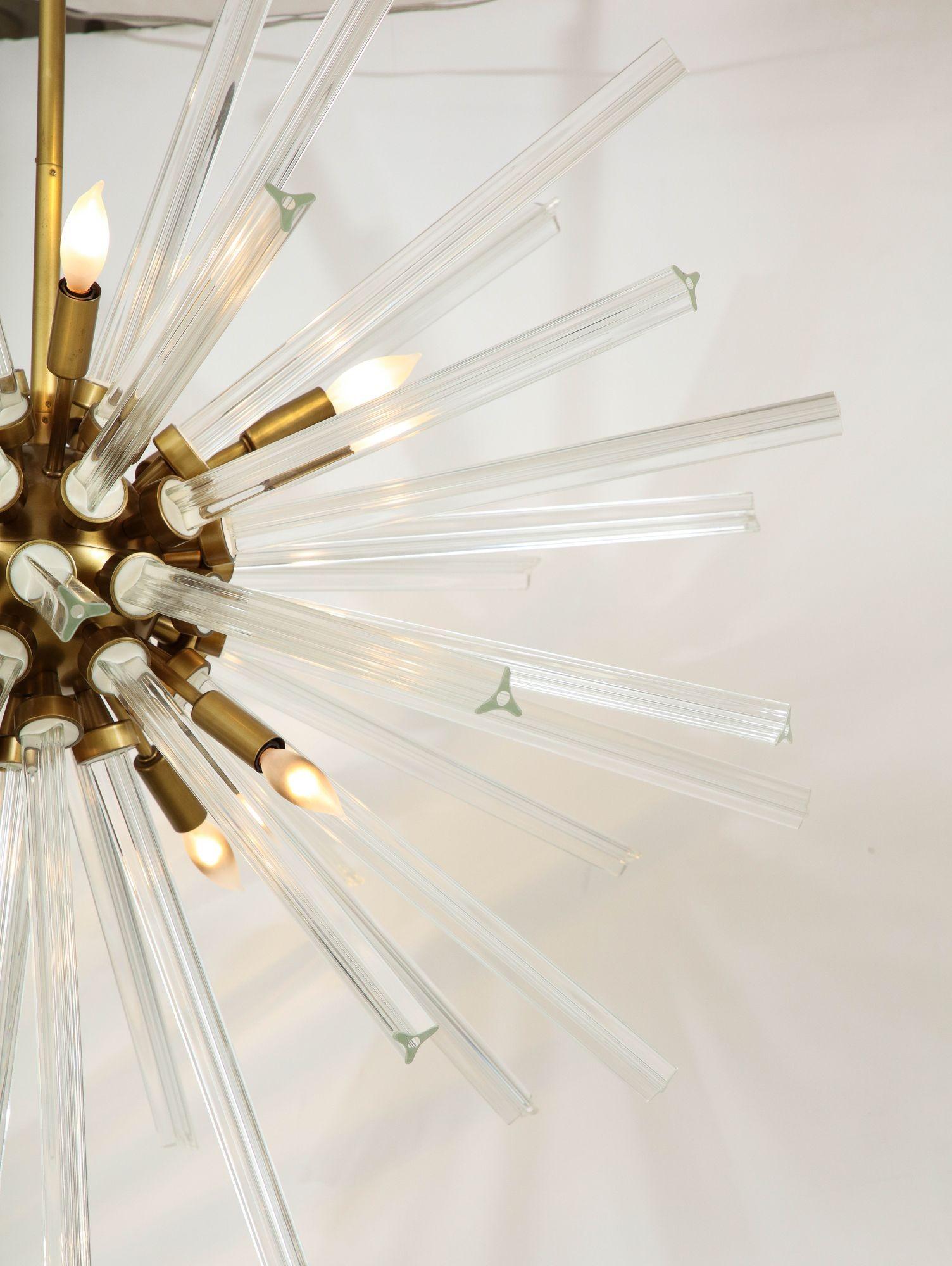 Large Crystal Sputnik Chandelier With Multi Length Rods and Brass Fittings In Good Condition For Sale In New York, NY