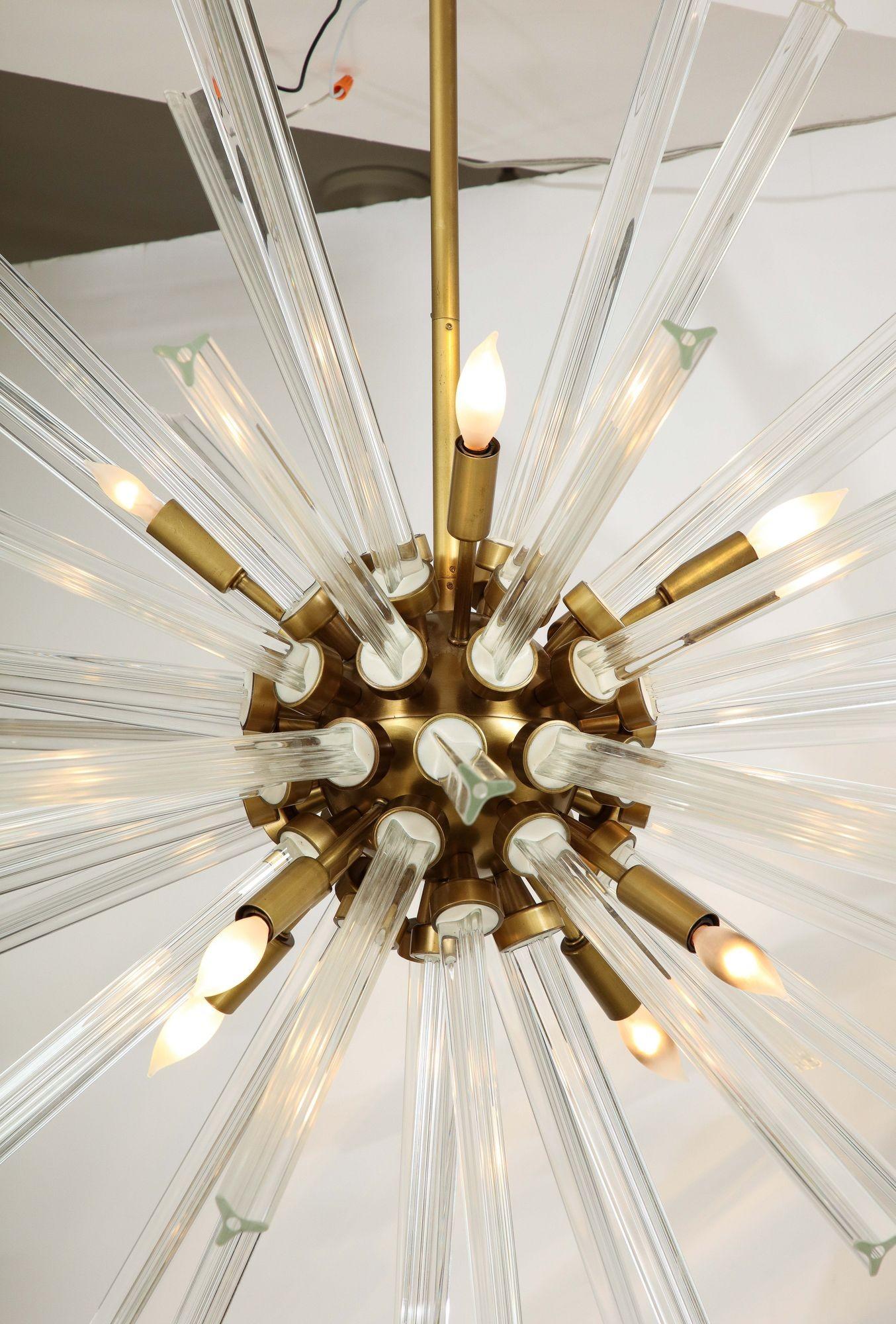 Late 20th Century Large Crystal Sputnik Chandelier With Multi Length Rods and Brass Fittings For Sale