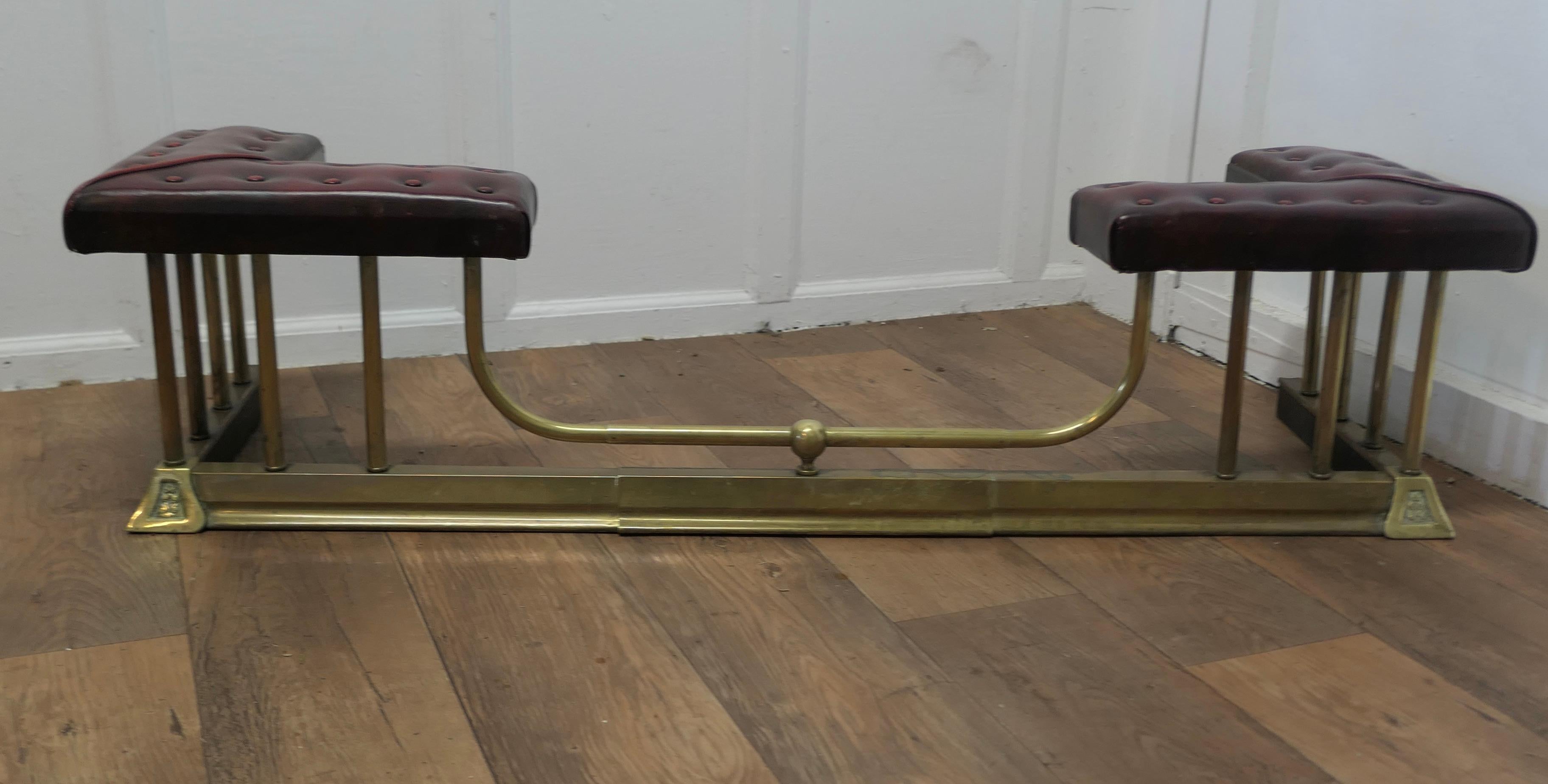 A Large Brass and Leather Club Fender

This is an elegant piece of country House Furniture with newly upholstered “Ox Blood” leather seats 
The fender is in good antique condition, it is in all round good condition
 The fender is 14” high, 55” long