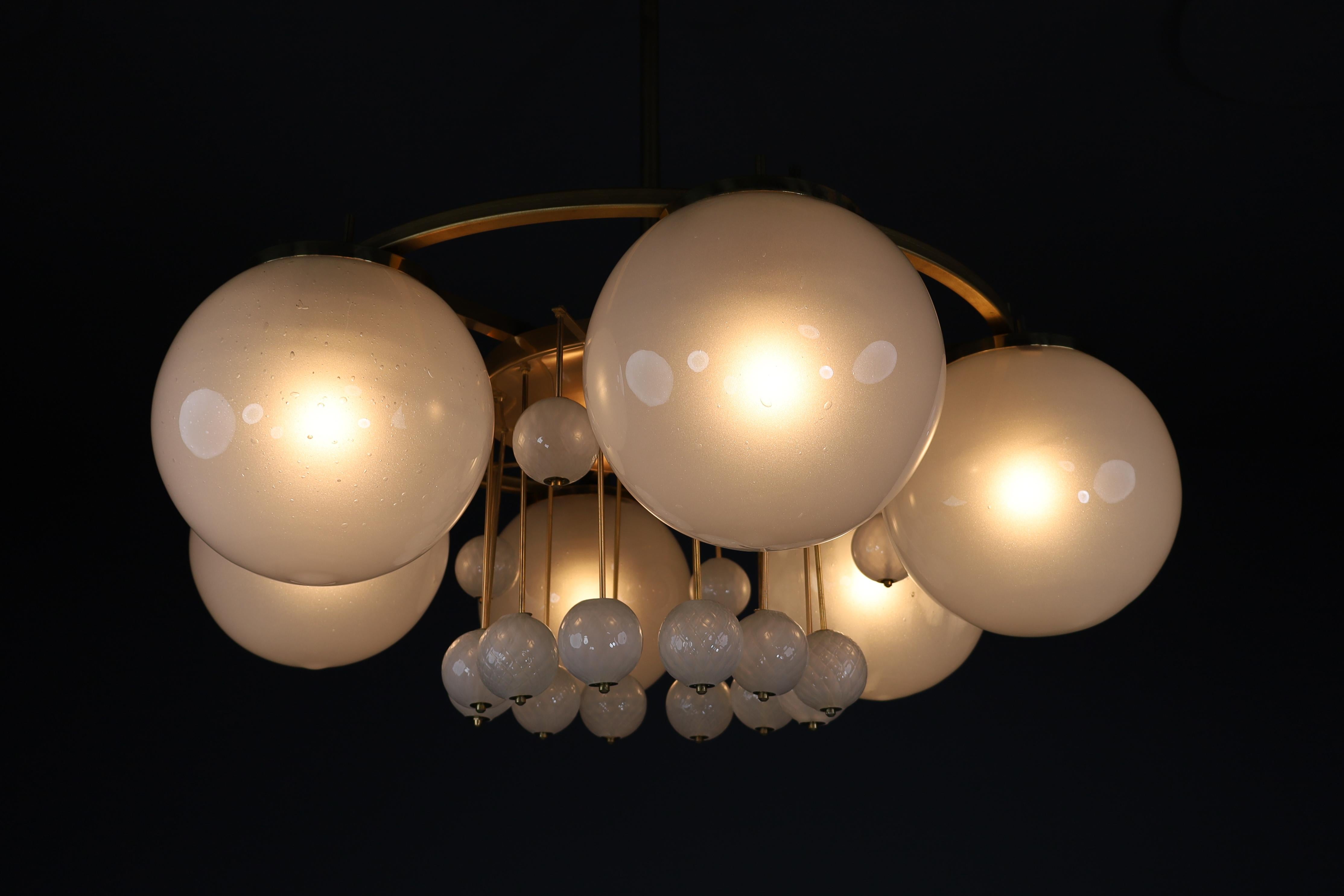 Large Brass Bohemian Chandelier with Frosted Glas Globes, the 1950s For Sale 5