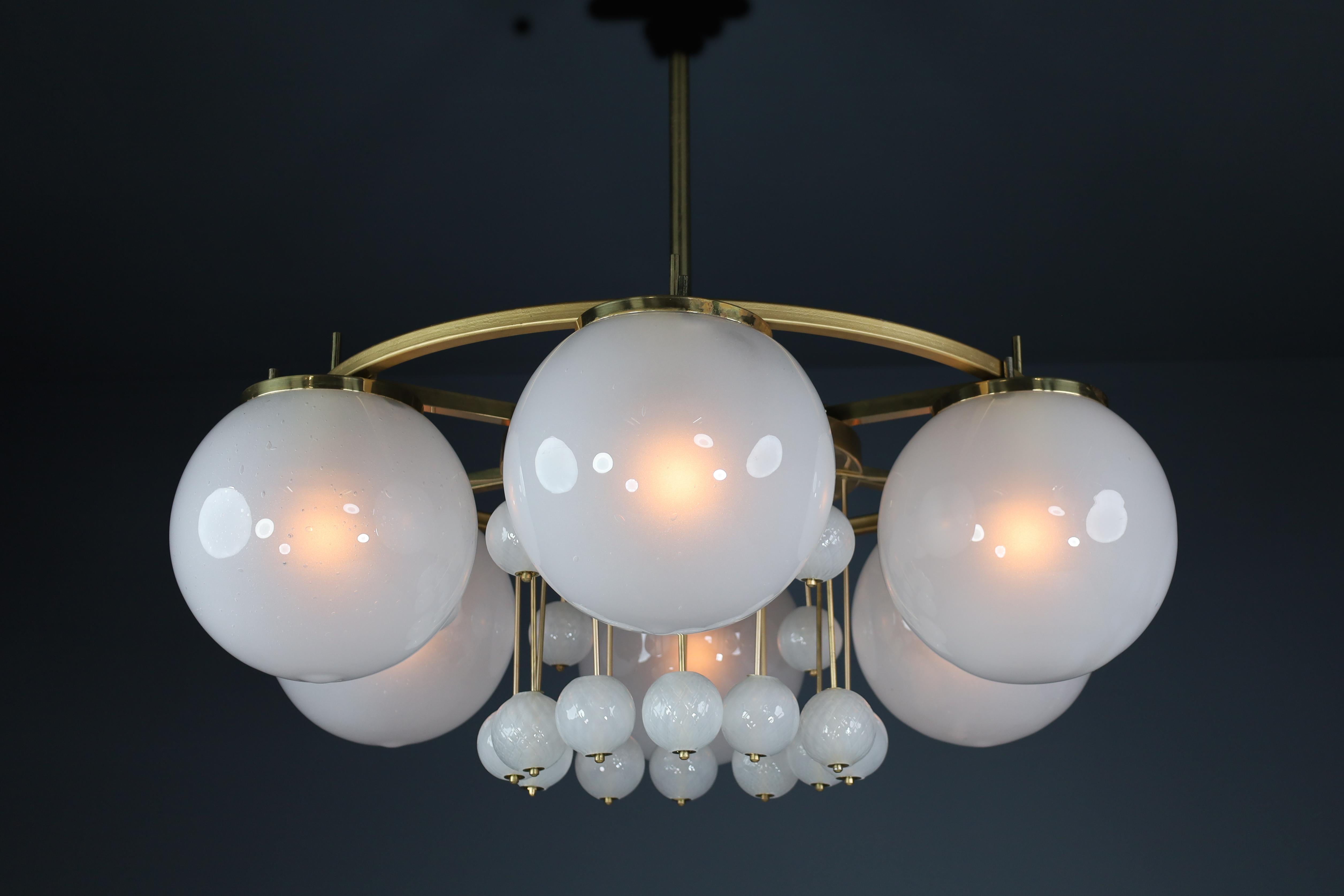 Large Brass Bohemian Chandelier with Frosted Glas Globes, the 1950s For Sale 6