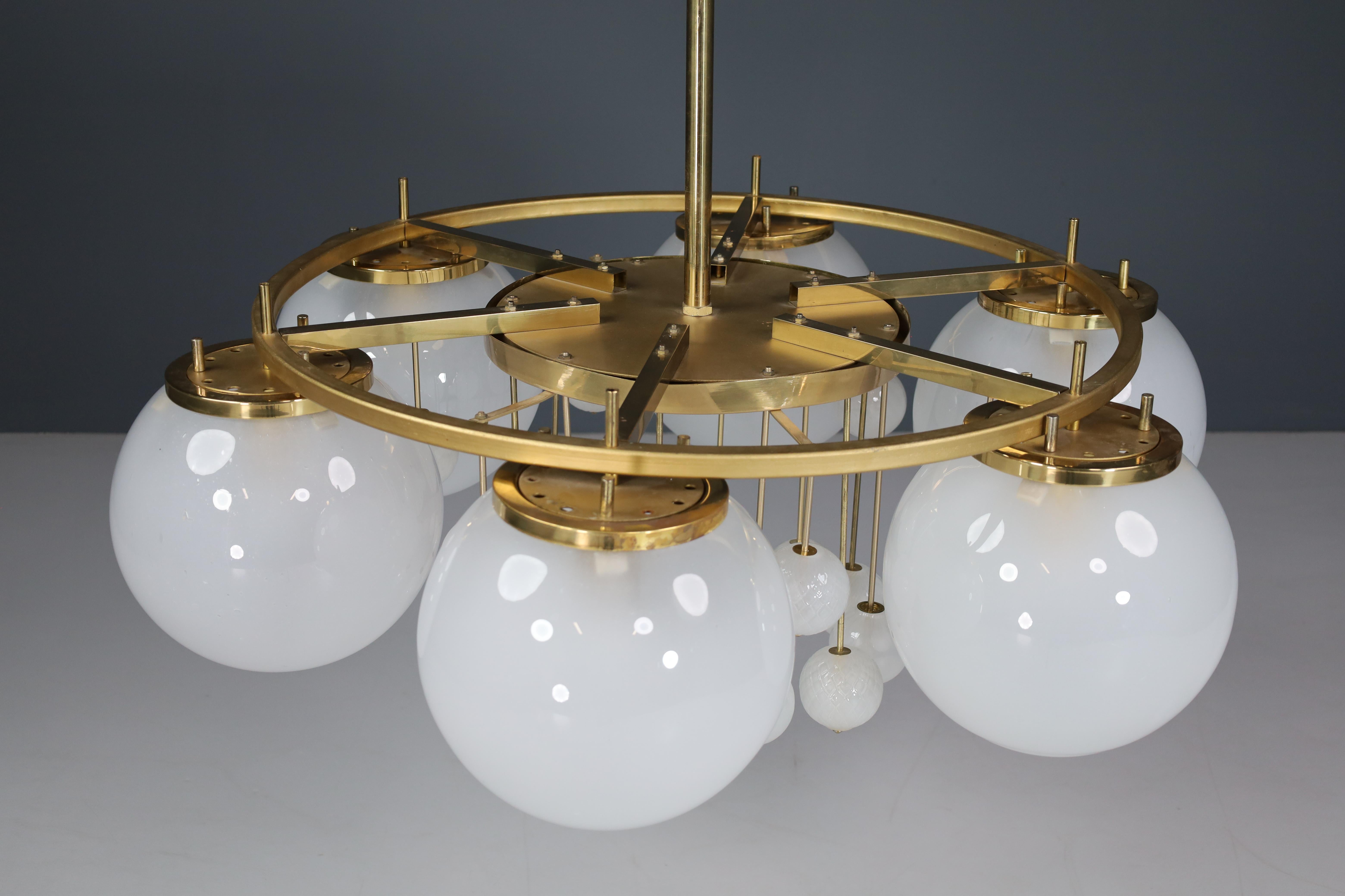 Large Brass Bohemian Chandelier with Frosted Glas Globes, the 1950s For Sale 8