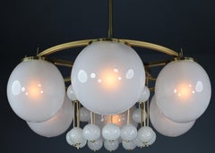Large Brass Bohemian Chandelier with Frosted Glas Globes, the 1950s