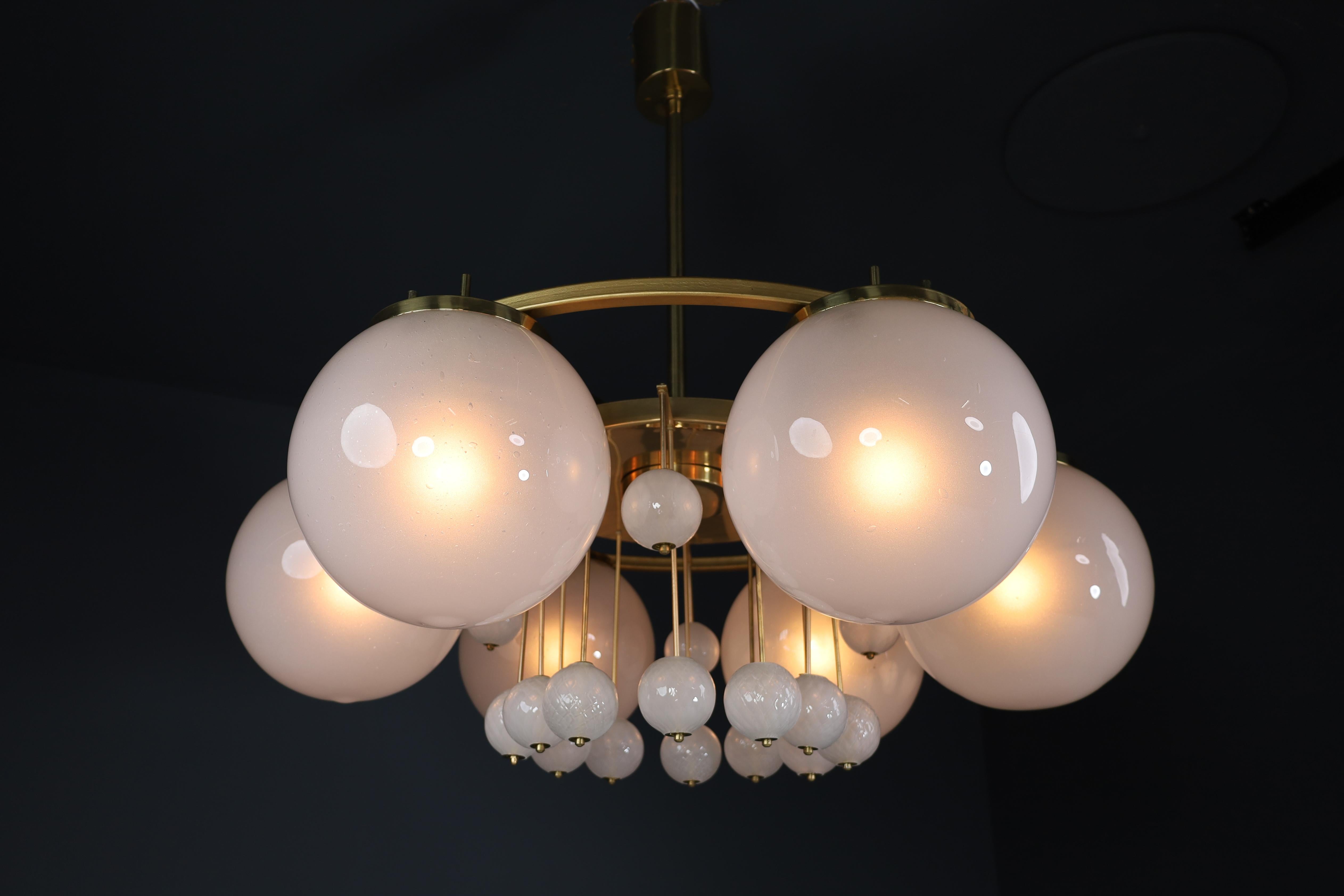 Mid-Century Modern Large Brass Bohemian Chandelier with Frosted Glas Globes, the 1950s For Sale