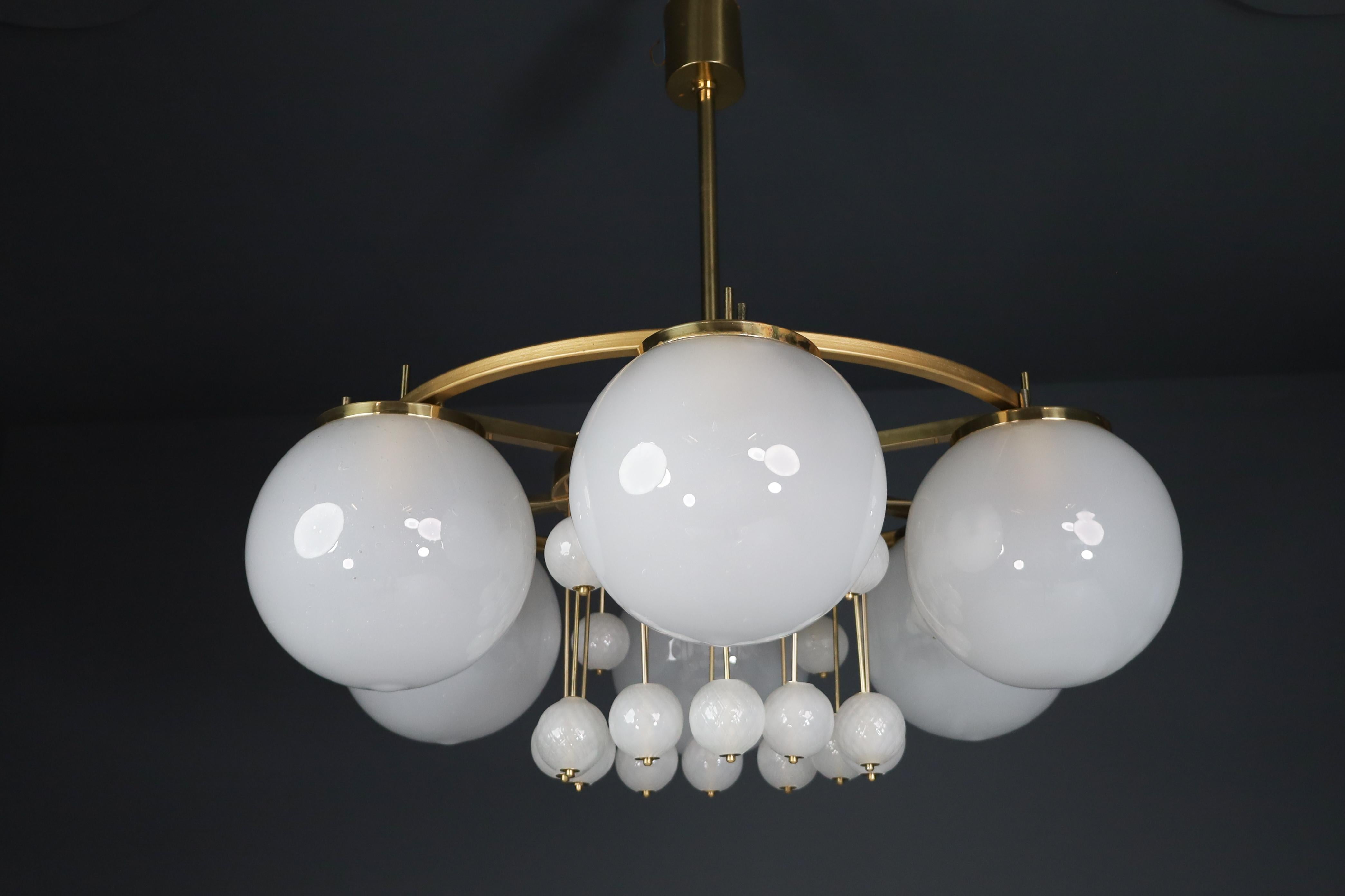 Large Brass Bohemian Chandelier with Frosted Glas Globes, the 1950s For Sale 3