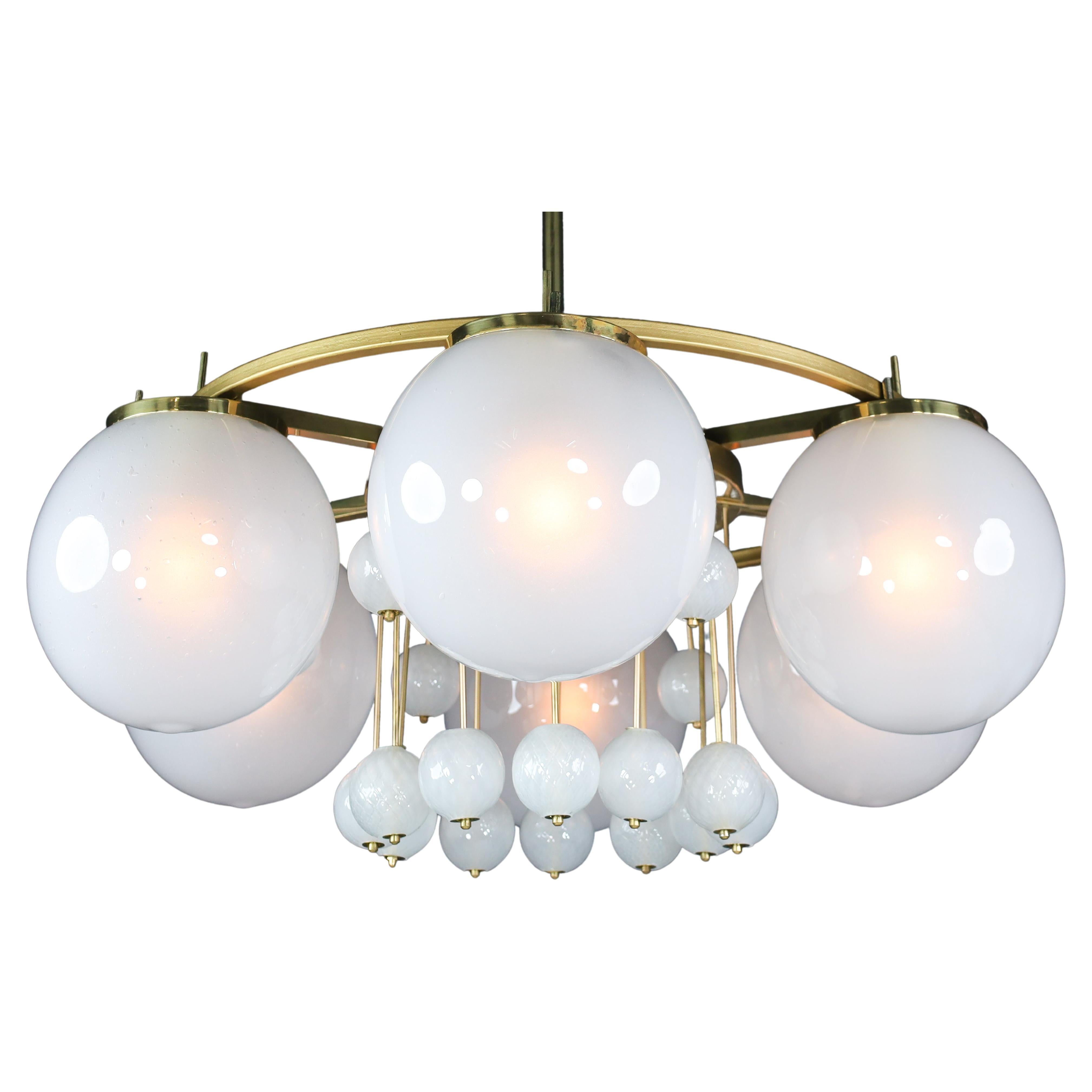 Large Brass Bohemian Chandelier with Frosted Glas Globes, the 1950s For Sale