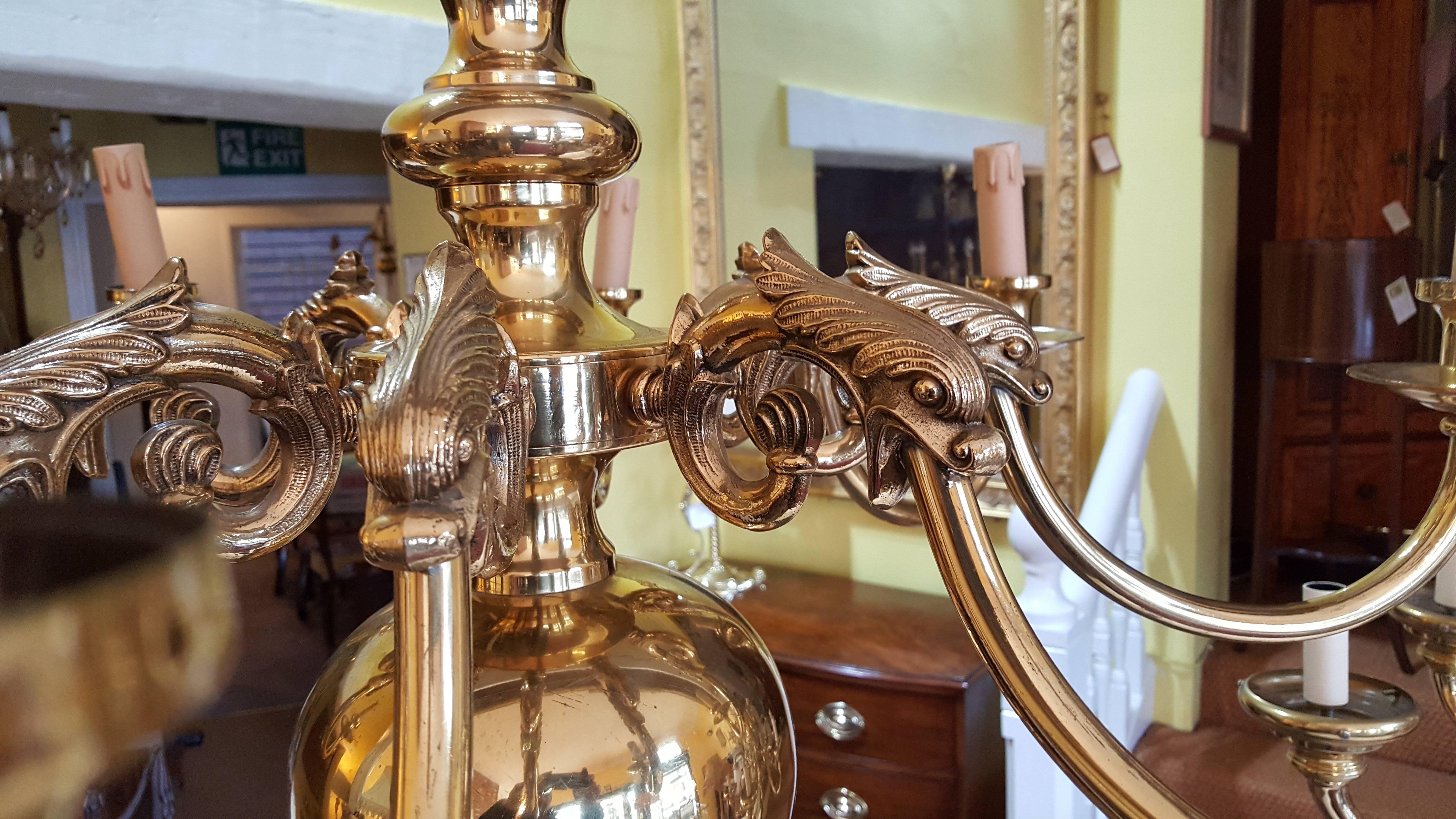 Large Brass Eight Branch Chandelier In Good Condition In Altrincham, Cheshire