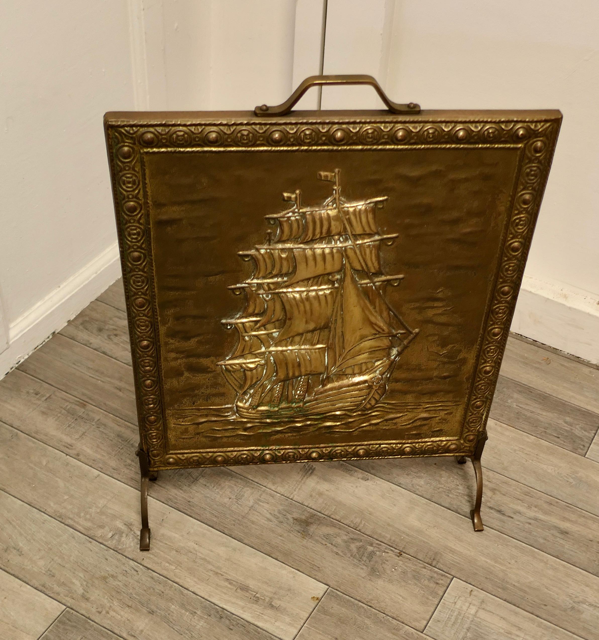 Arts and Crafts Large Brass Fire Screen with the Cutty Sark For Sale