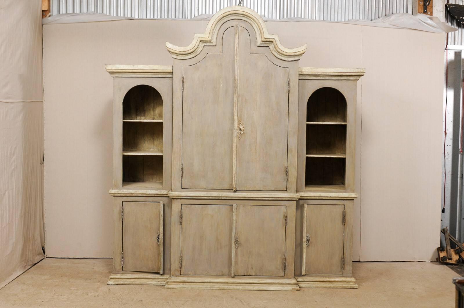 Carved Large Brazilian Painted Wood Cabinet with Display Shelves and Storage