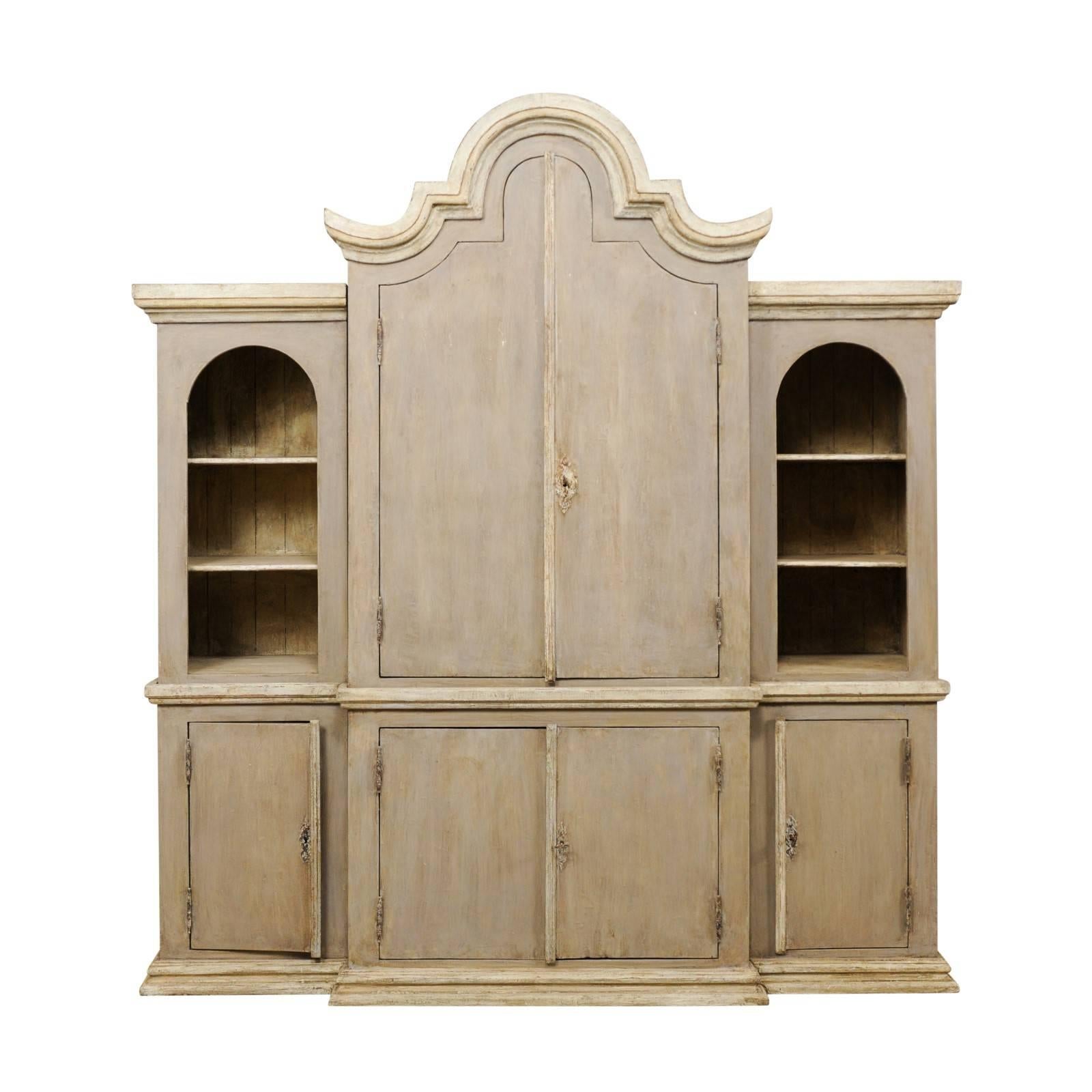 Large Brazilian Painted Wood Cabinet with Display Shelves and Storage