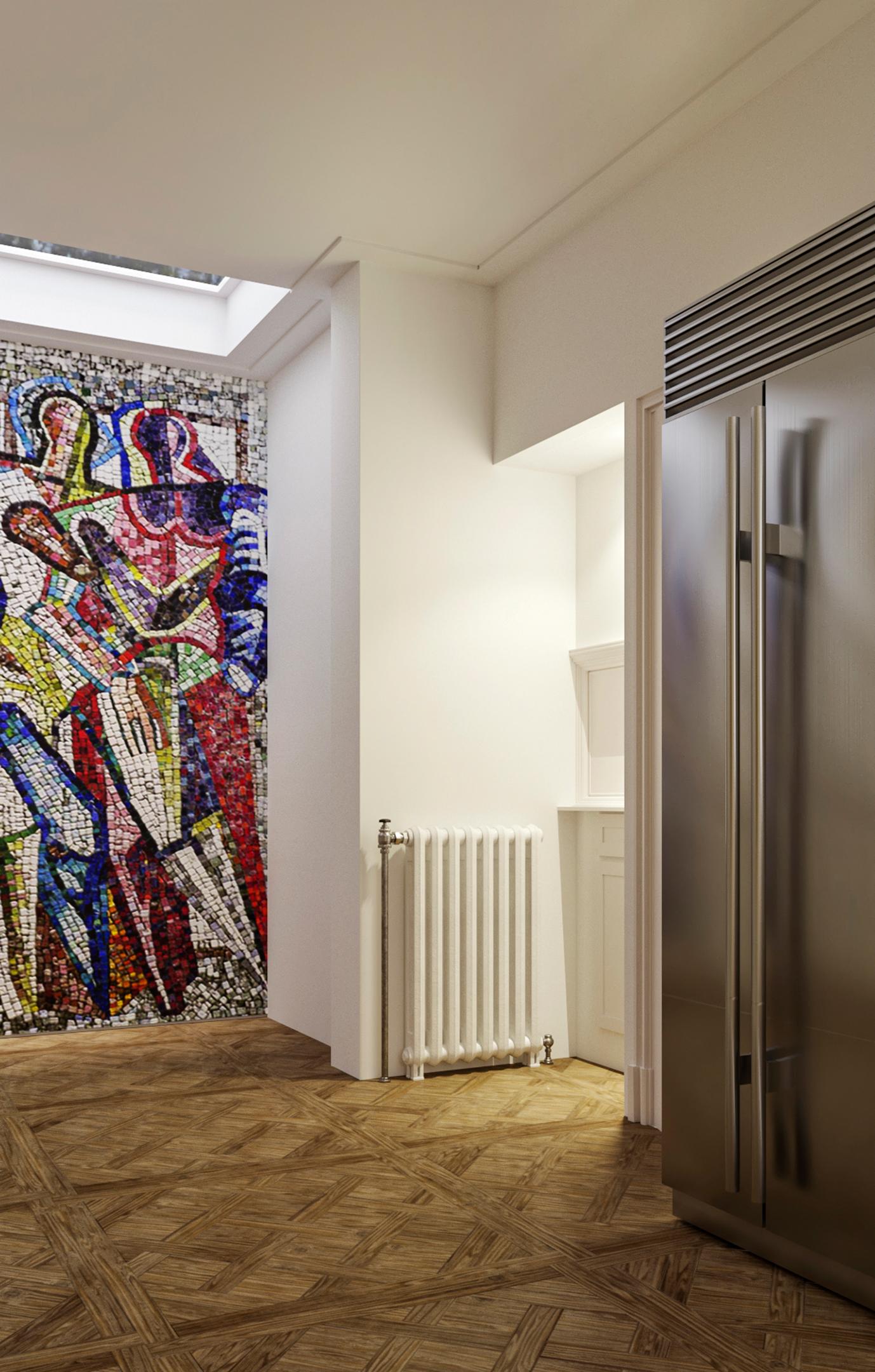Ein großes helles und farbenfrohes Mosaik mit abstrakten Figuren, Petronella & Jacob  (Kunststein) im Angebot