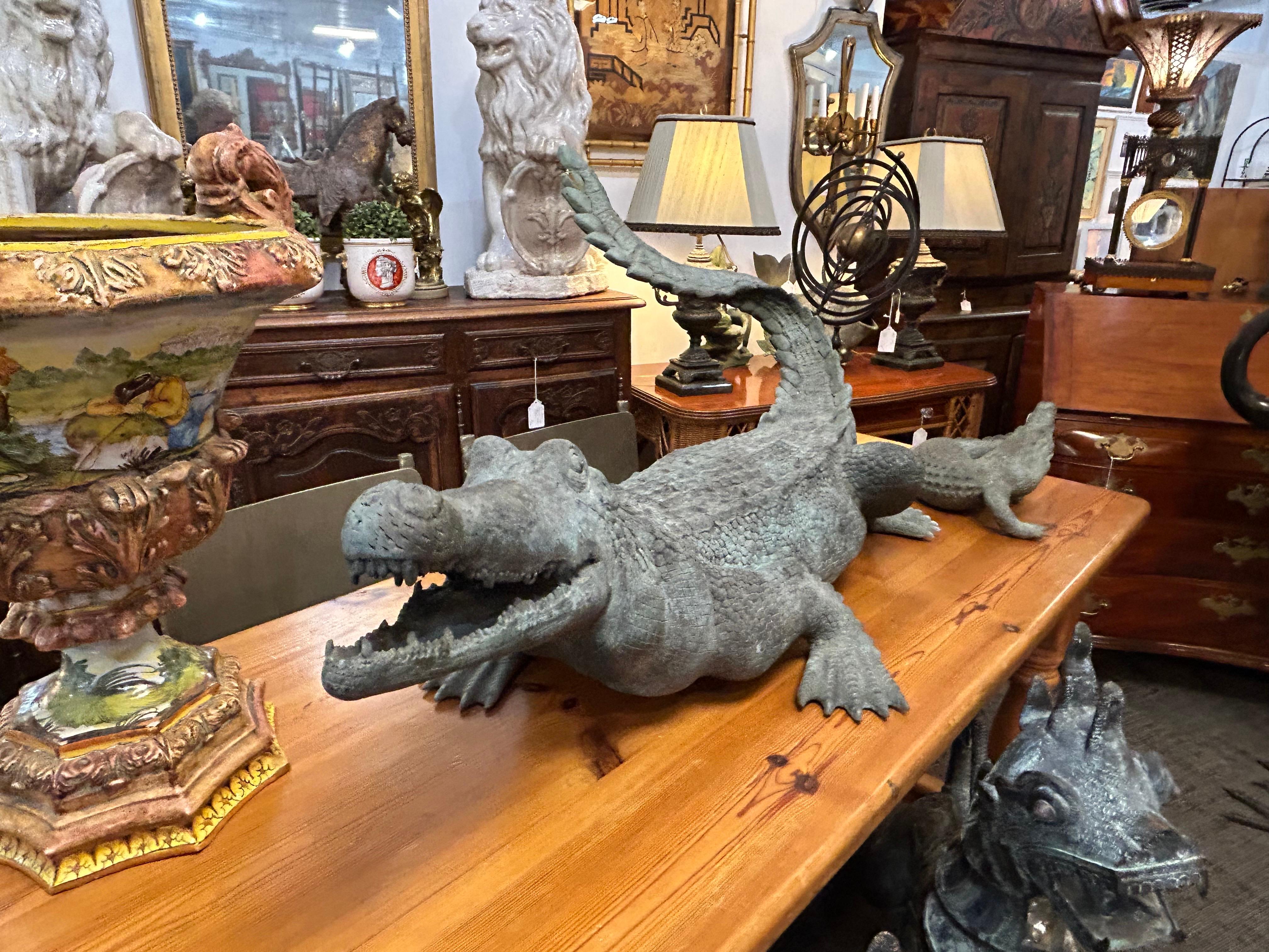 Very rare, large bronze alligator.. it is realistic and has an imposing posture. The patinated bronze casting is very realistic with nice detail… The scales, the claws , the teeth ,all realistic… Fun and whimsical..  