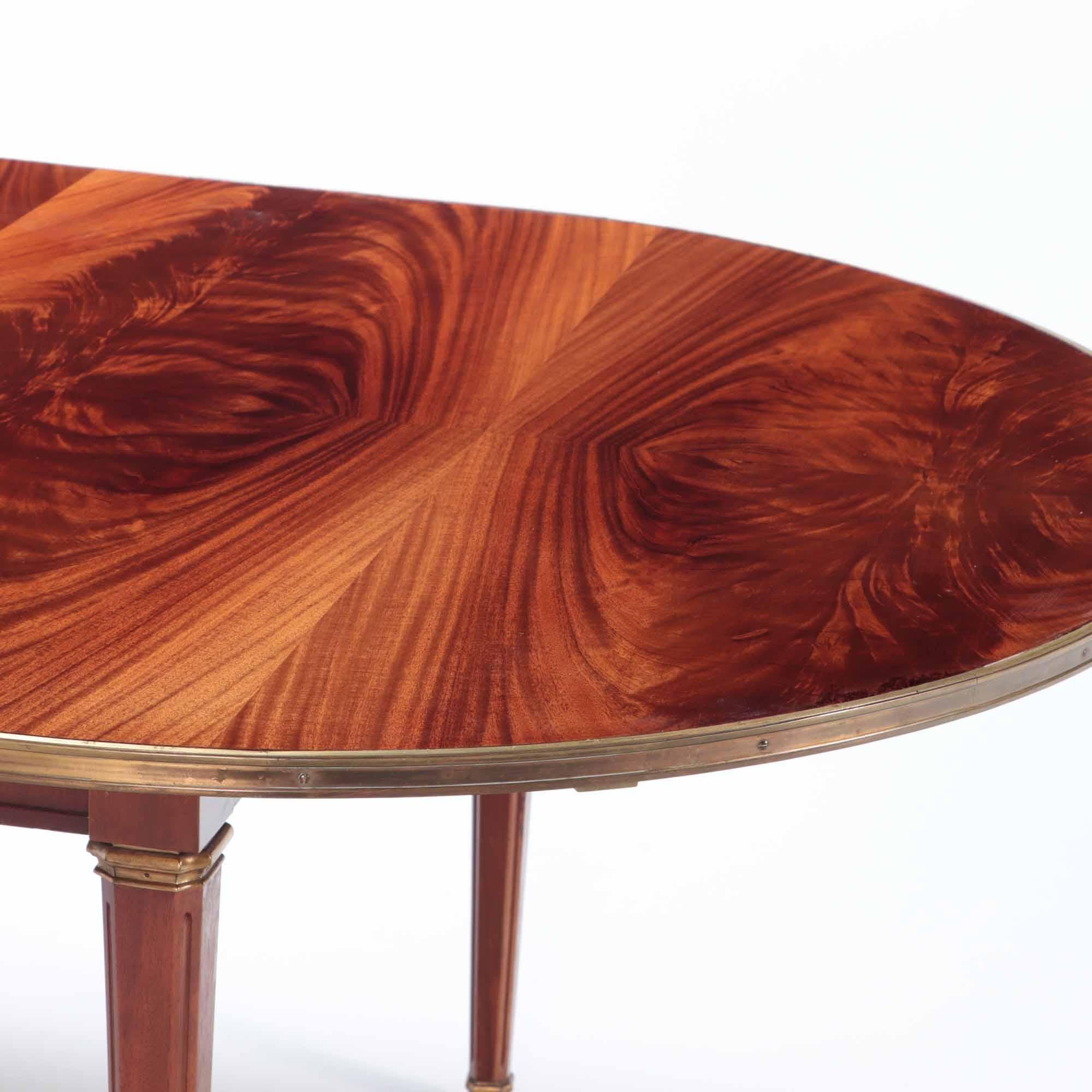 Mid-Century Modern Large Bronze Mounted Flame Mahogany Dining Table with 2 Leaves, circa 1945