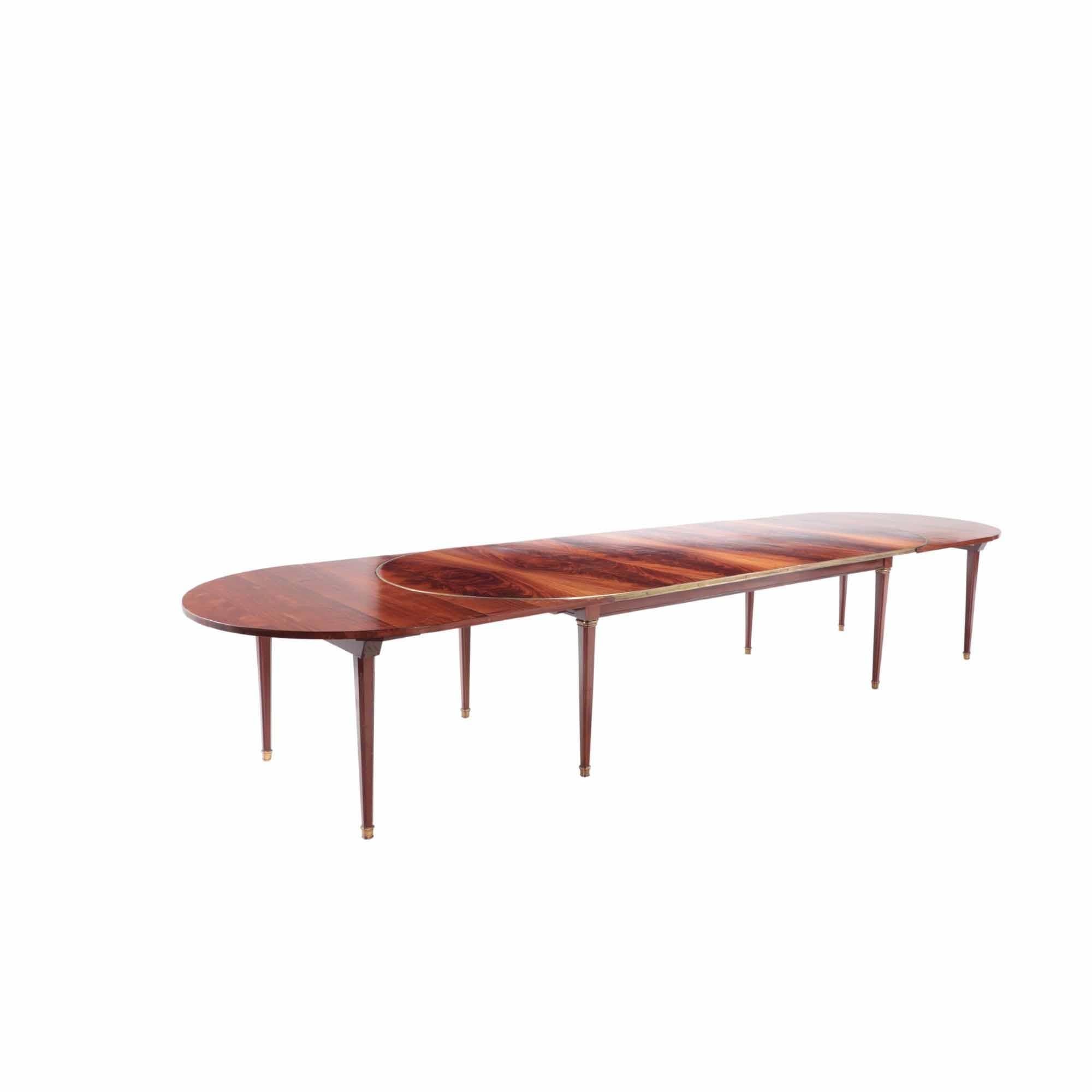Large Bronze Mounted Flame Mahogany Dining Table with 2 Leaves, circa 1945 1