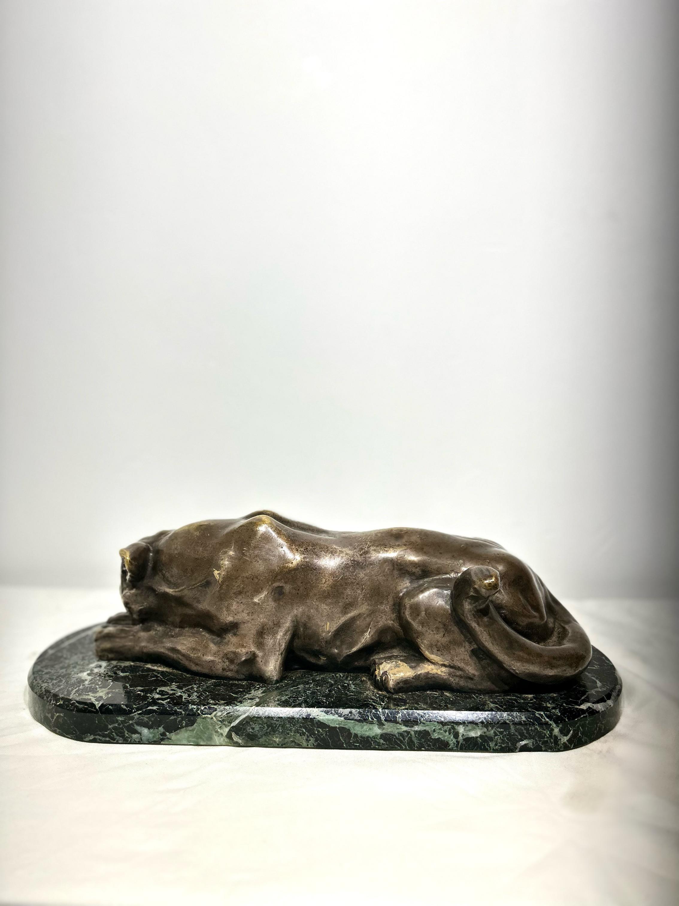 Large Bronze Sculpture Depicting a Recumbent Lioness Mounted on a Marble Based 1